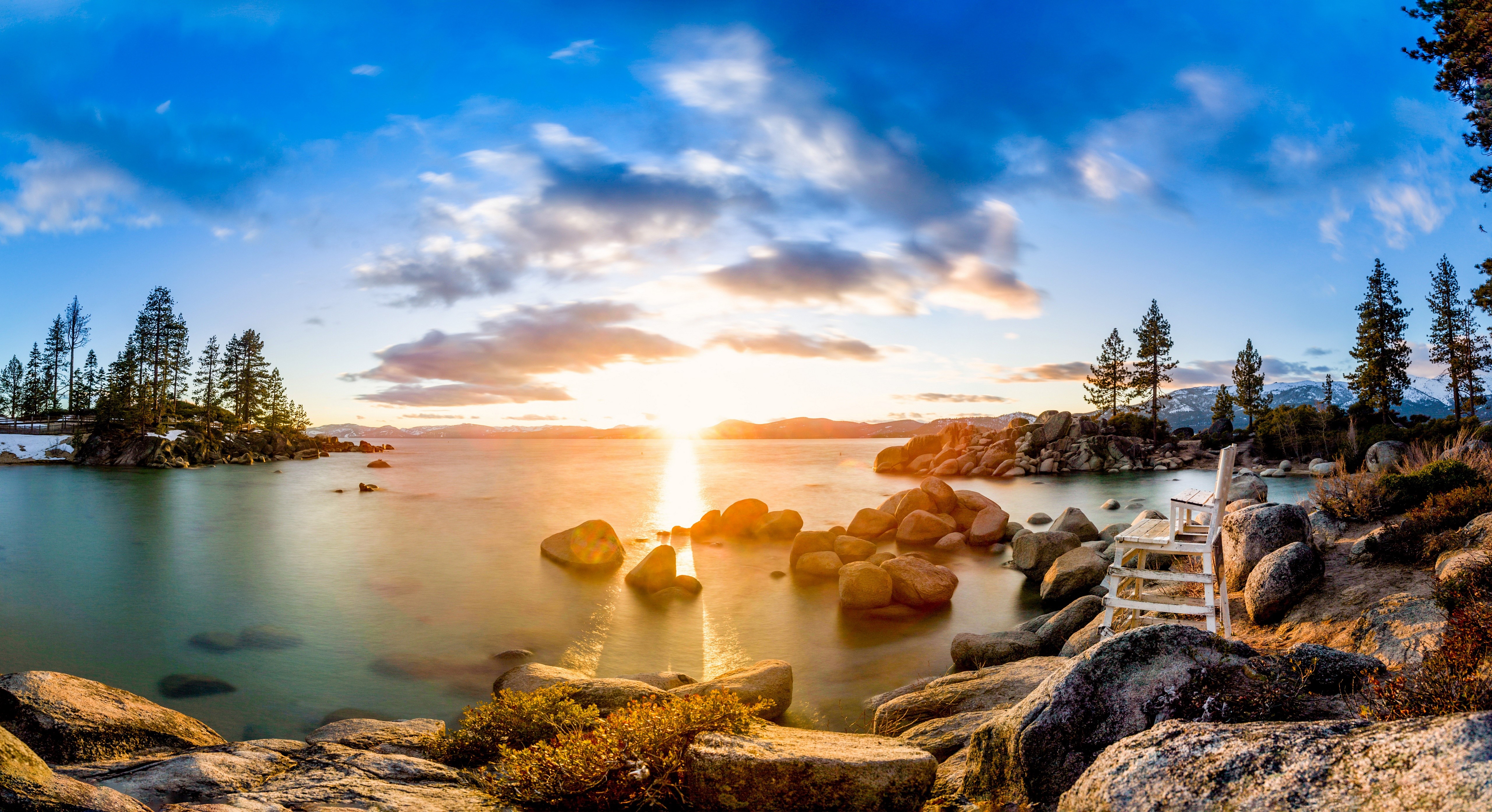 Lake Tahoe Sunrise with Stones and Trees HD Wallpaper