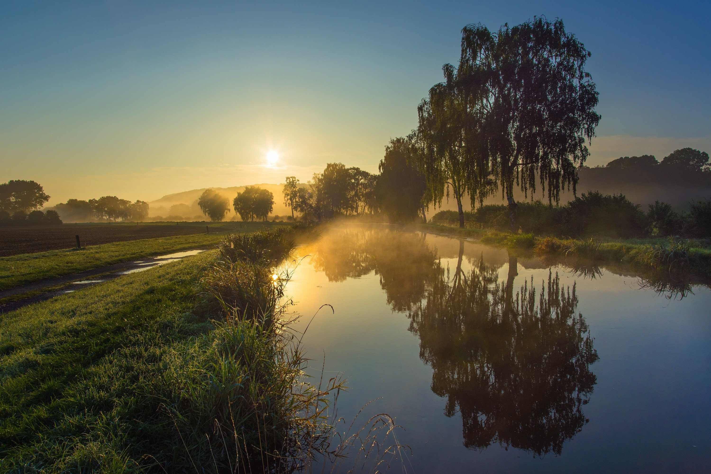 Misty morning sunrise over a canal with trees and reflections HD Wallpaper