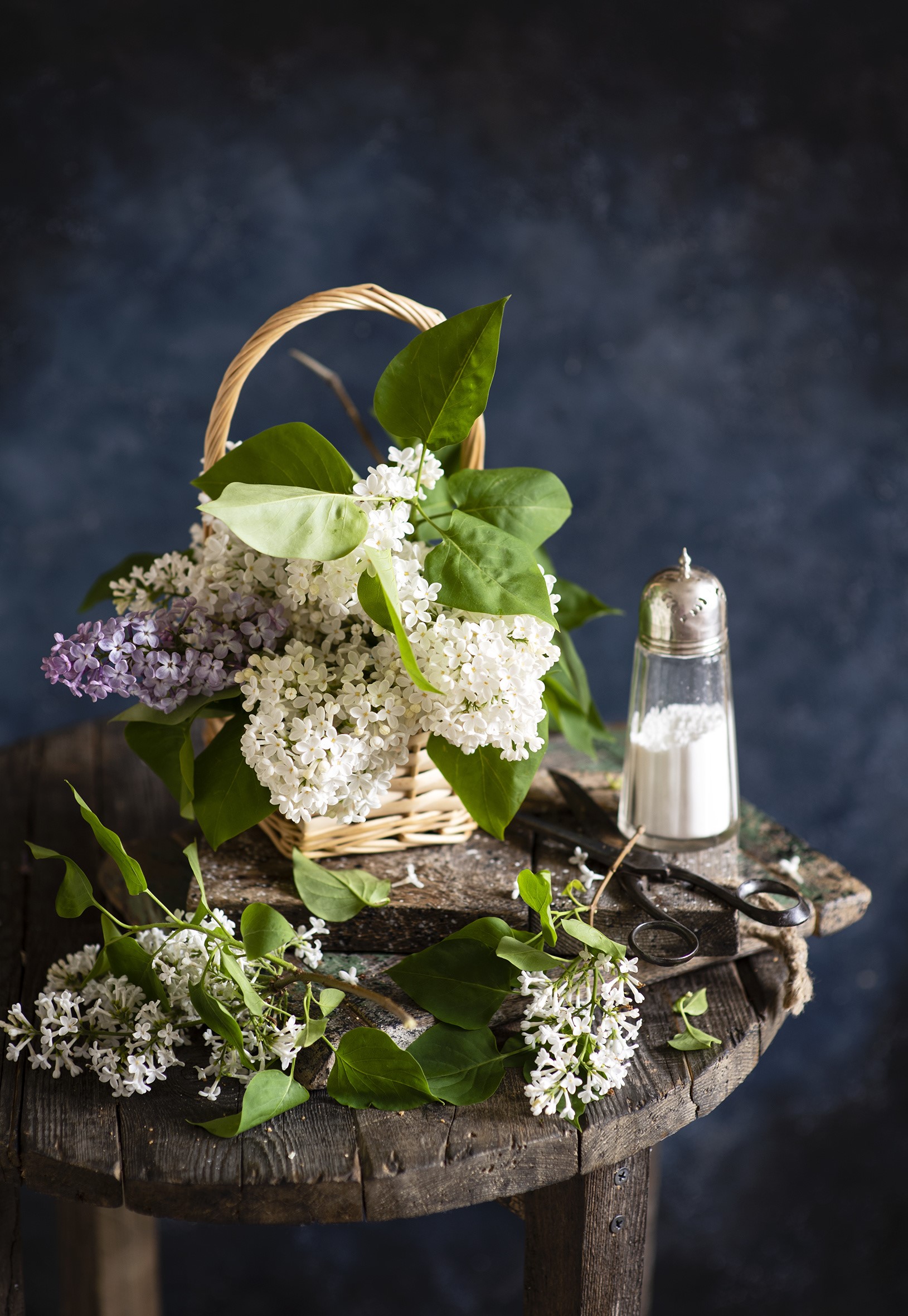 Lilac flowers in a wicker basket with salt shaker and scissors HD Phone Wallpaper