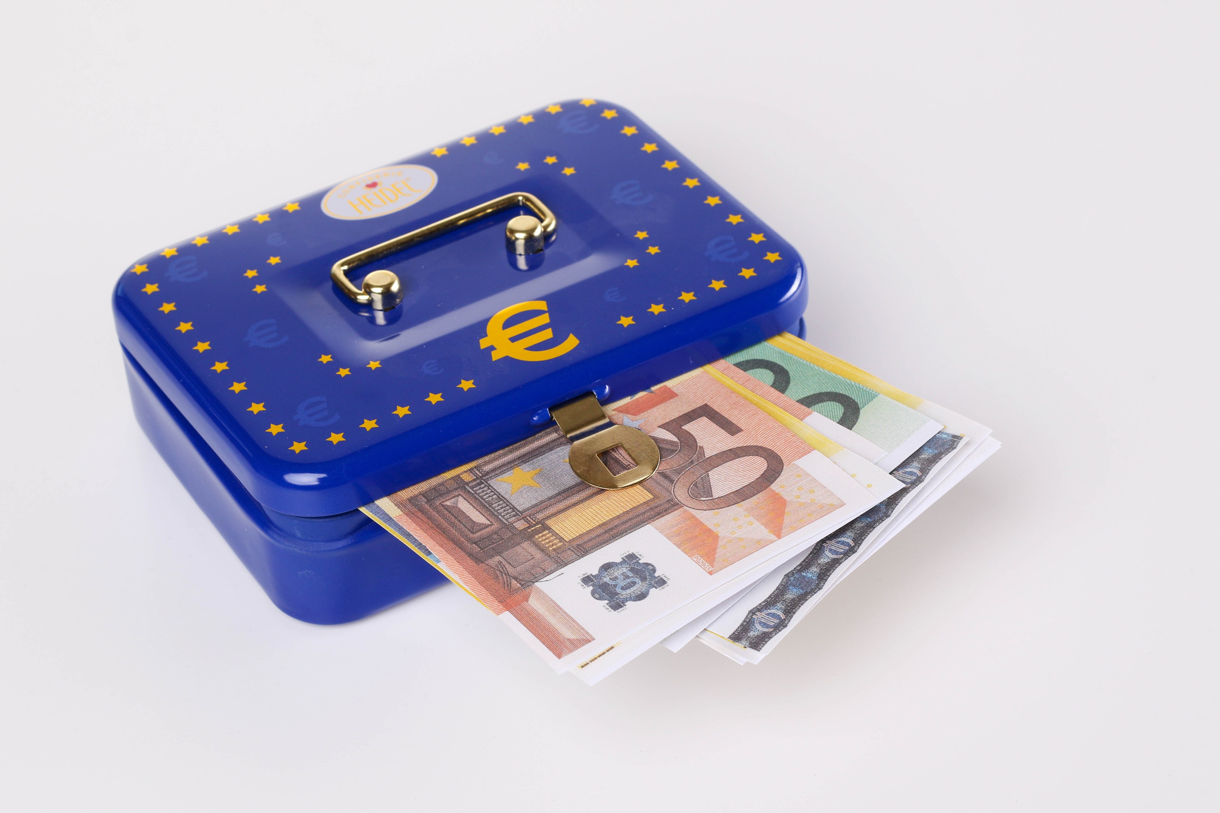 Blue money box with Euro banknotes HD Wallpaper