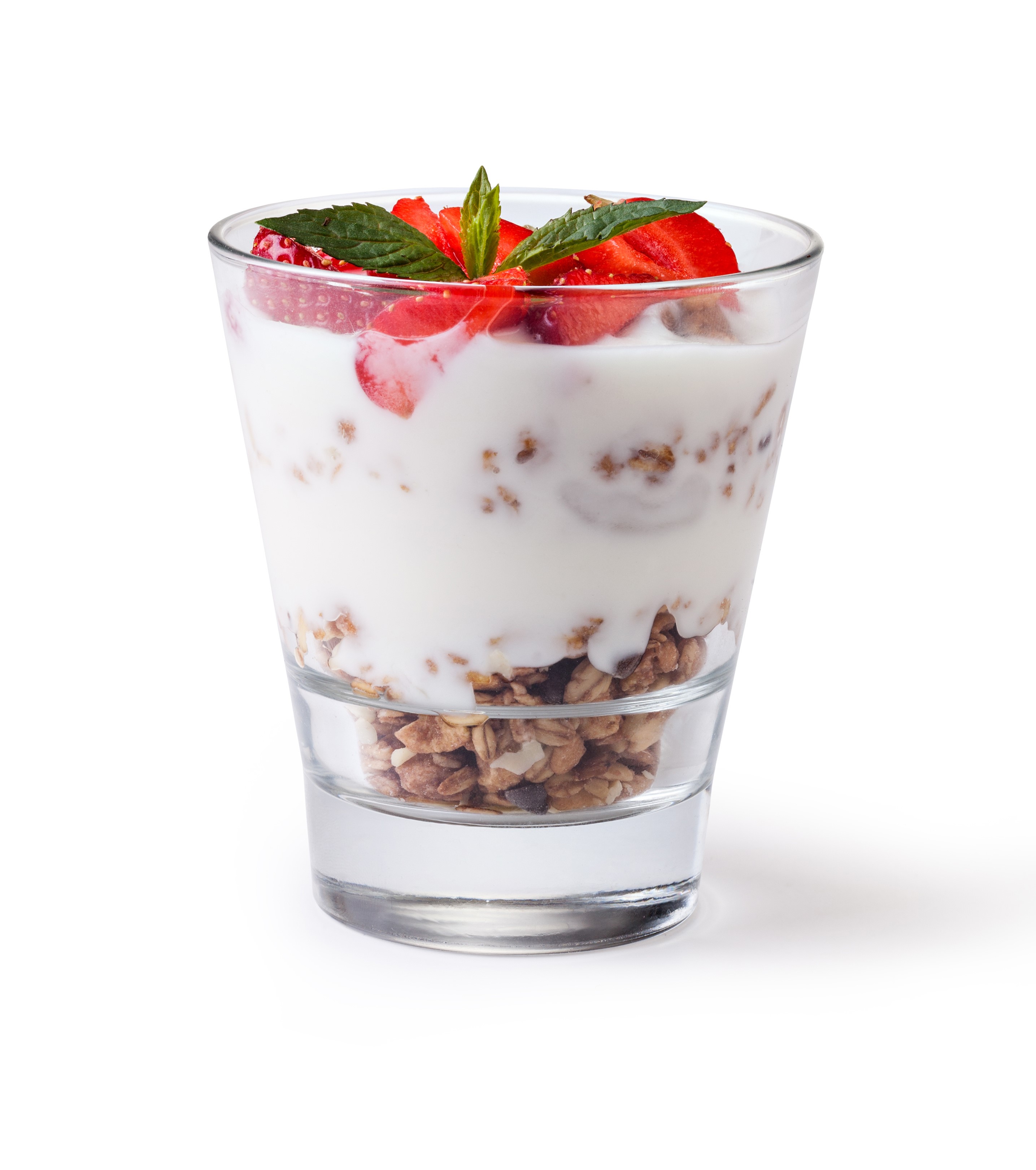 Yogurt parfait with granola, strawberries, and mint HD Wallpaper