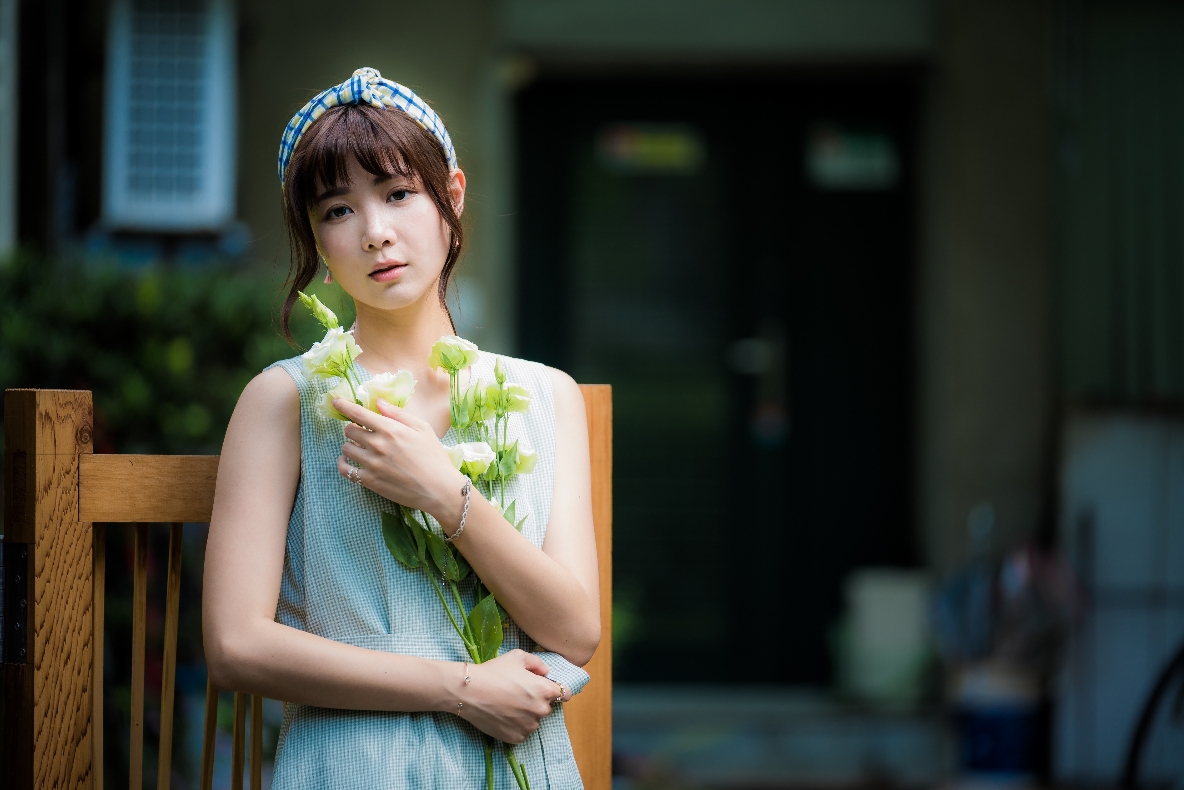 Asian woman with flowers and headband HD Wallpaper