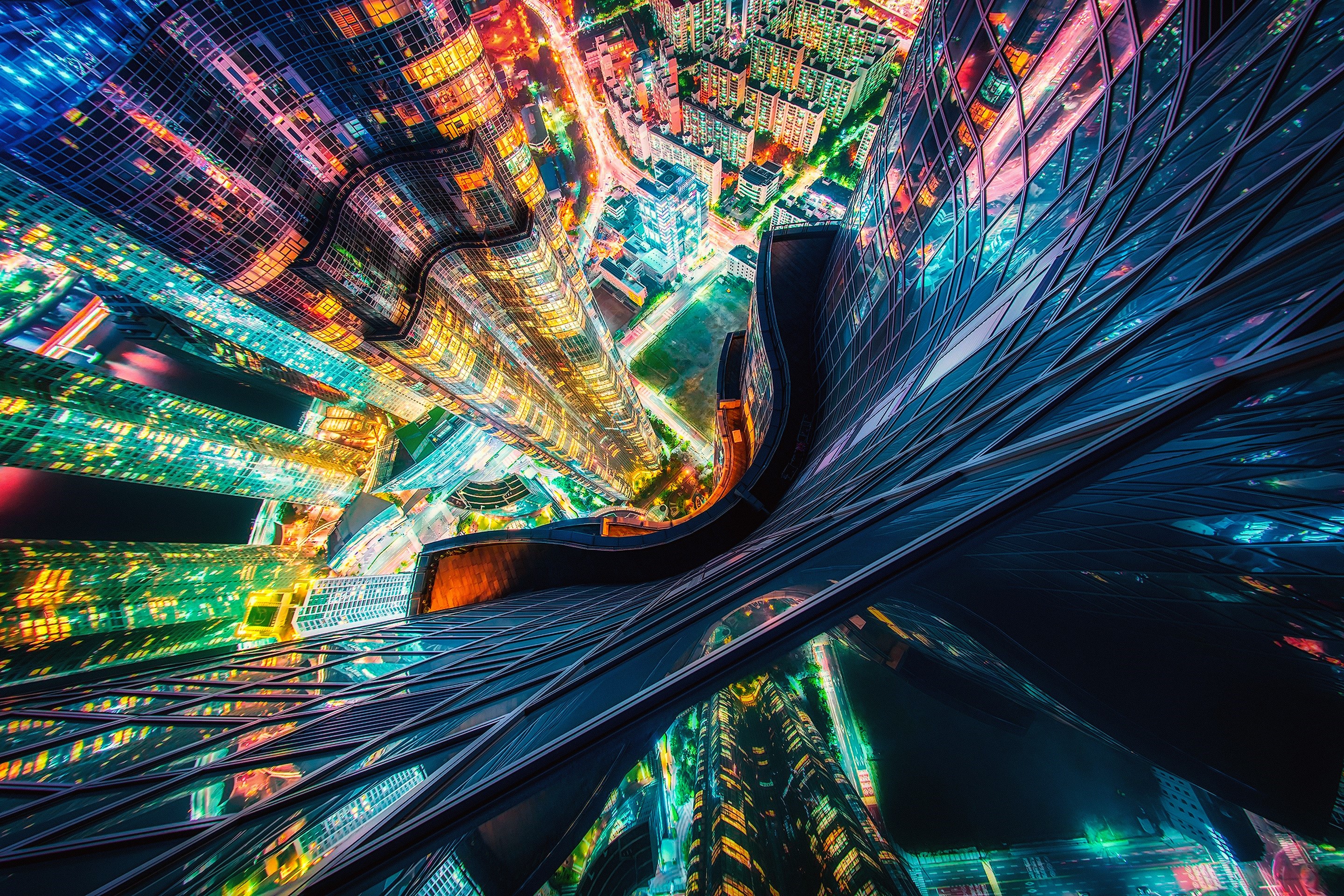 Aerial view of Busan skyscrapers at night HD Wallpaper