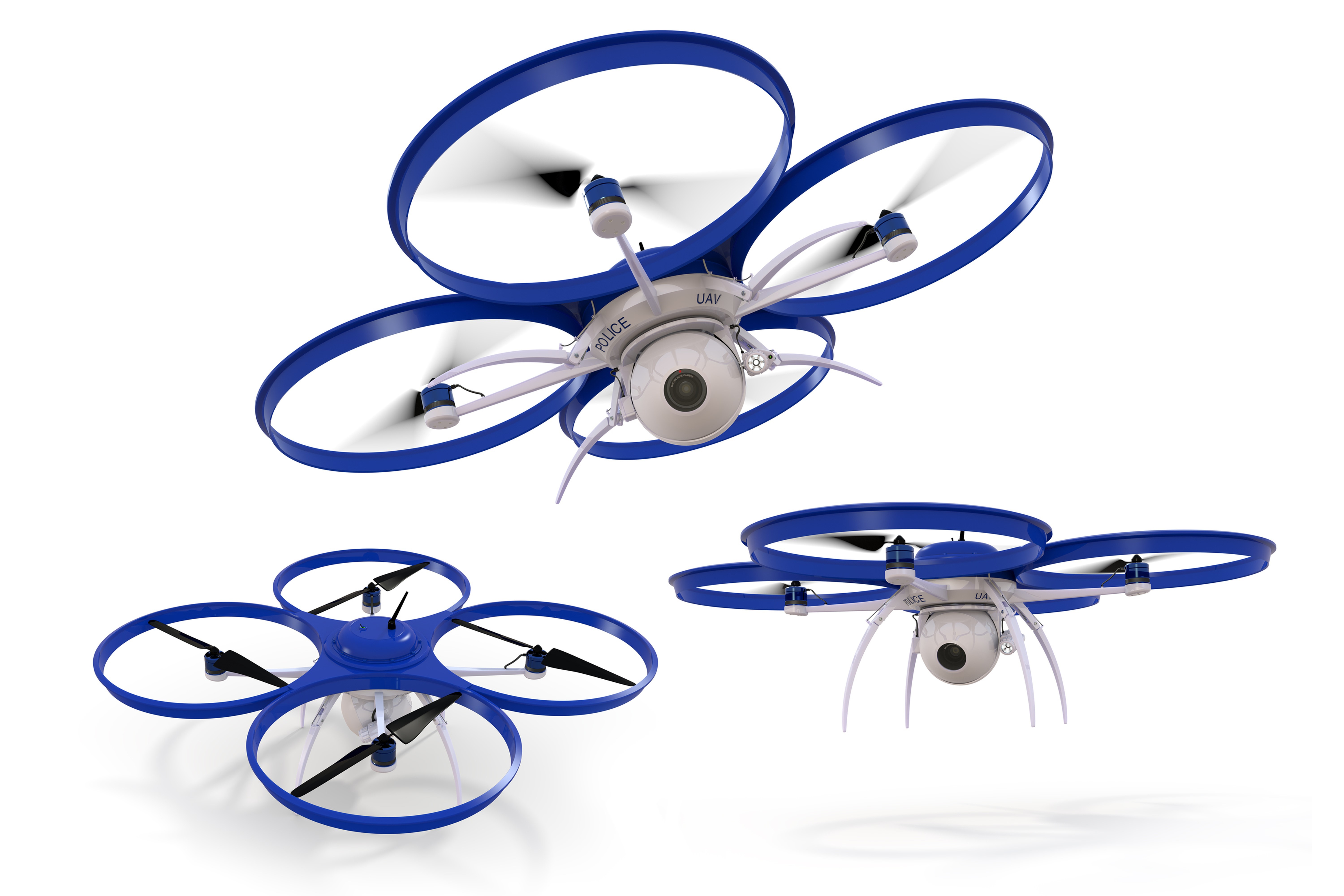 Three police drones with cameras on white background HD Wallpaper