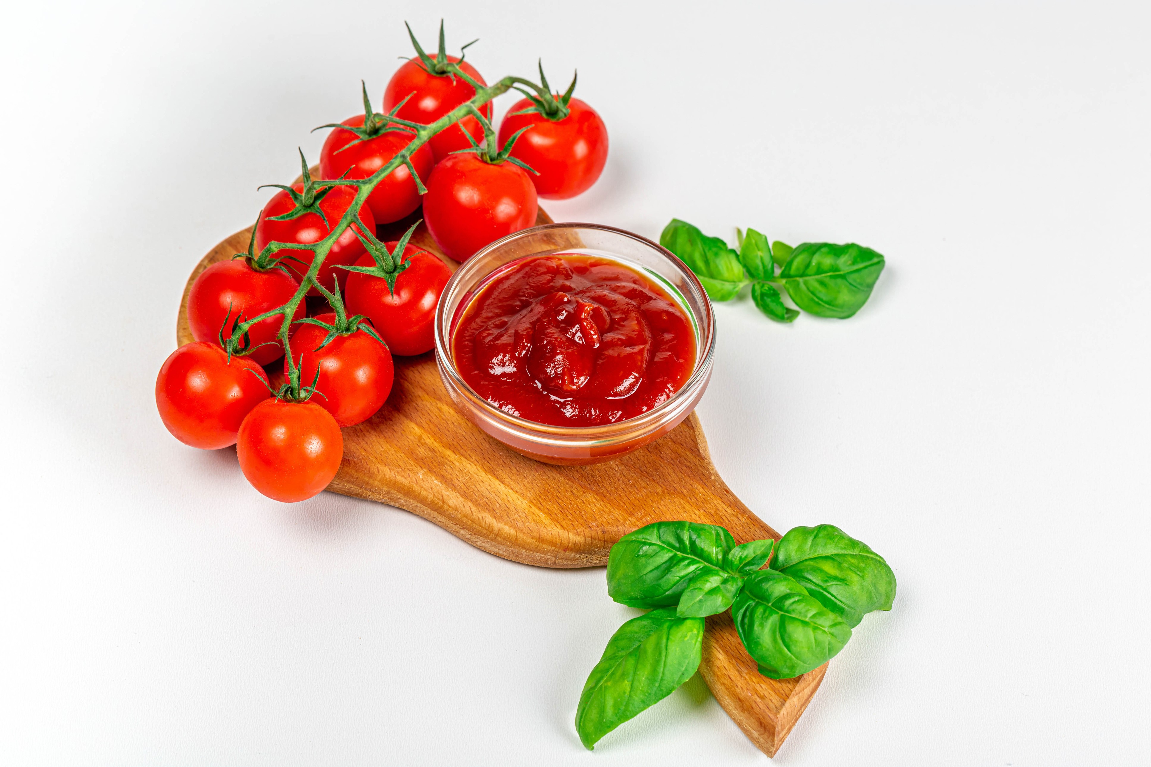 Tomatoes, Ketchup, and Basil on a Cutting Board HD Wallpaper