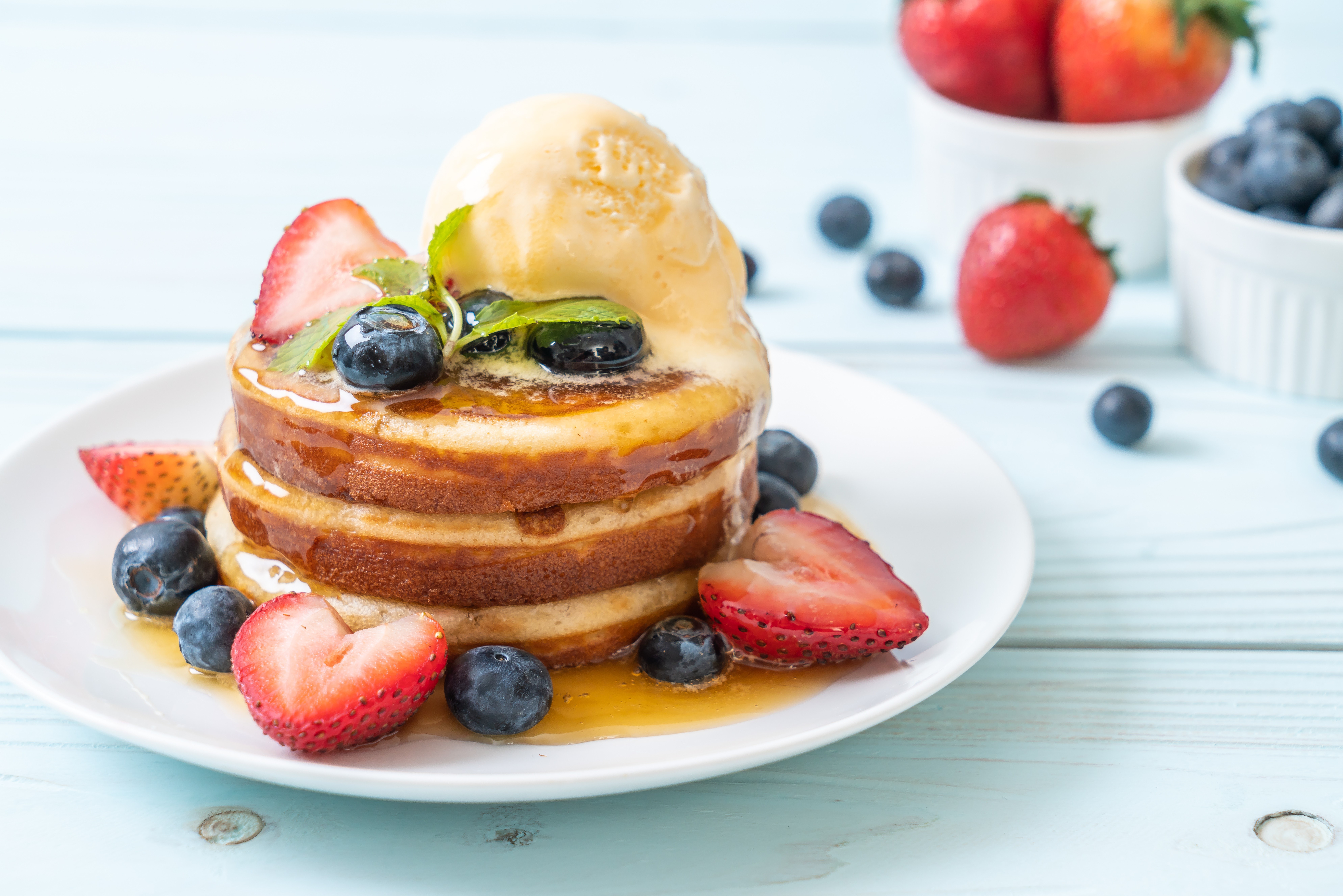 Pancakes with Ice Cream, Strawberries, and Blueberries HD Wallpaper