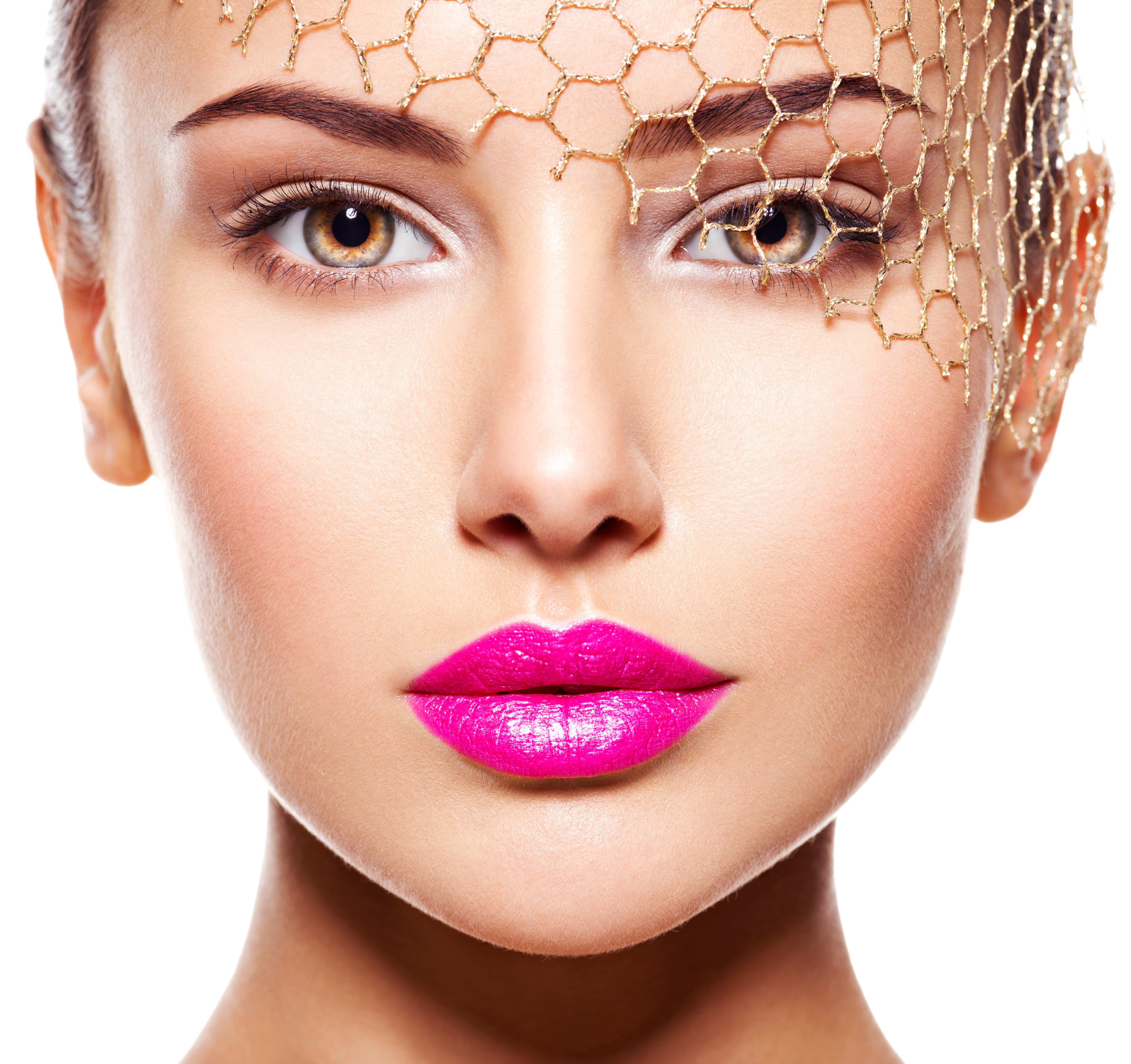 Woman with pink lipstick and gold headpiece HD Wallpaper
