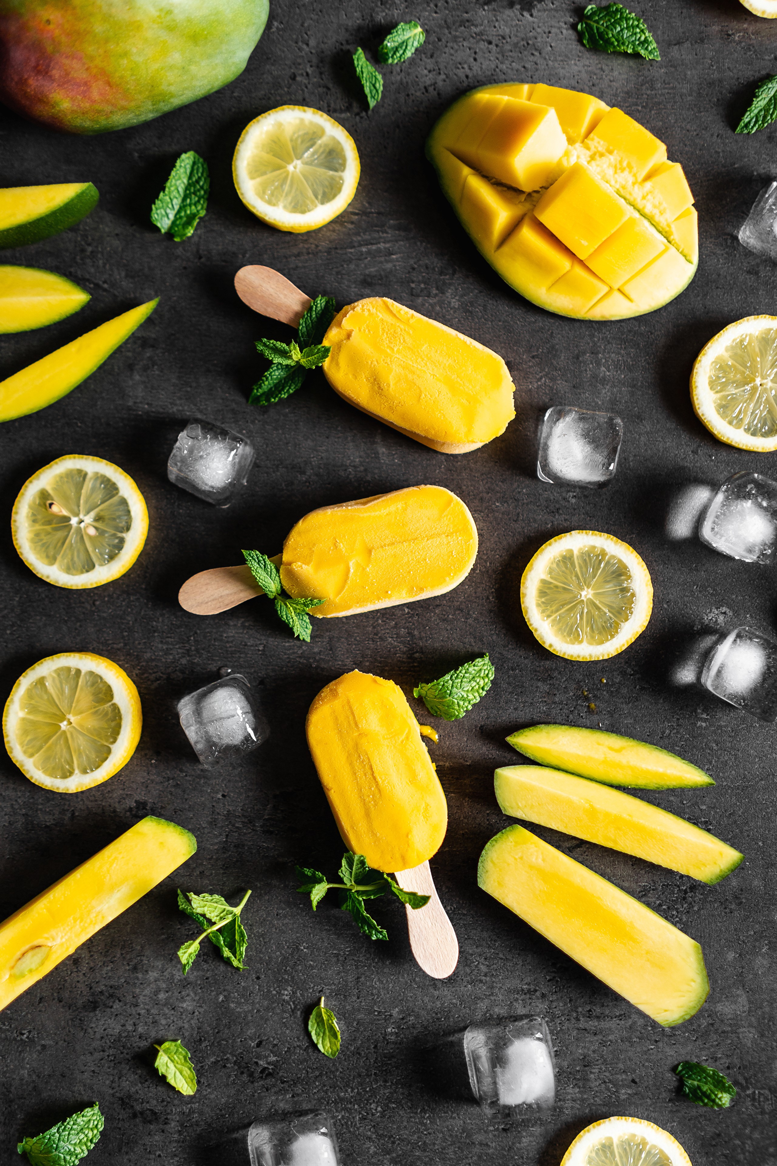 Mango and lemon popsicles with ice and mint HD Phone Wallpaper
