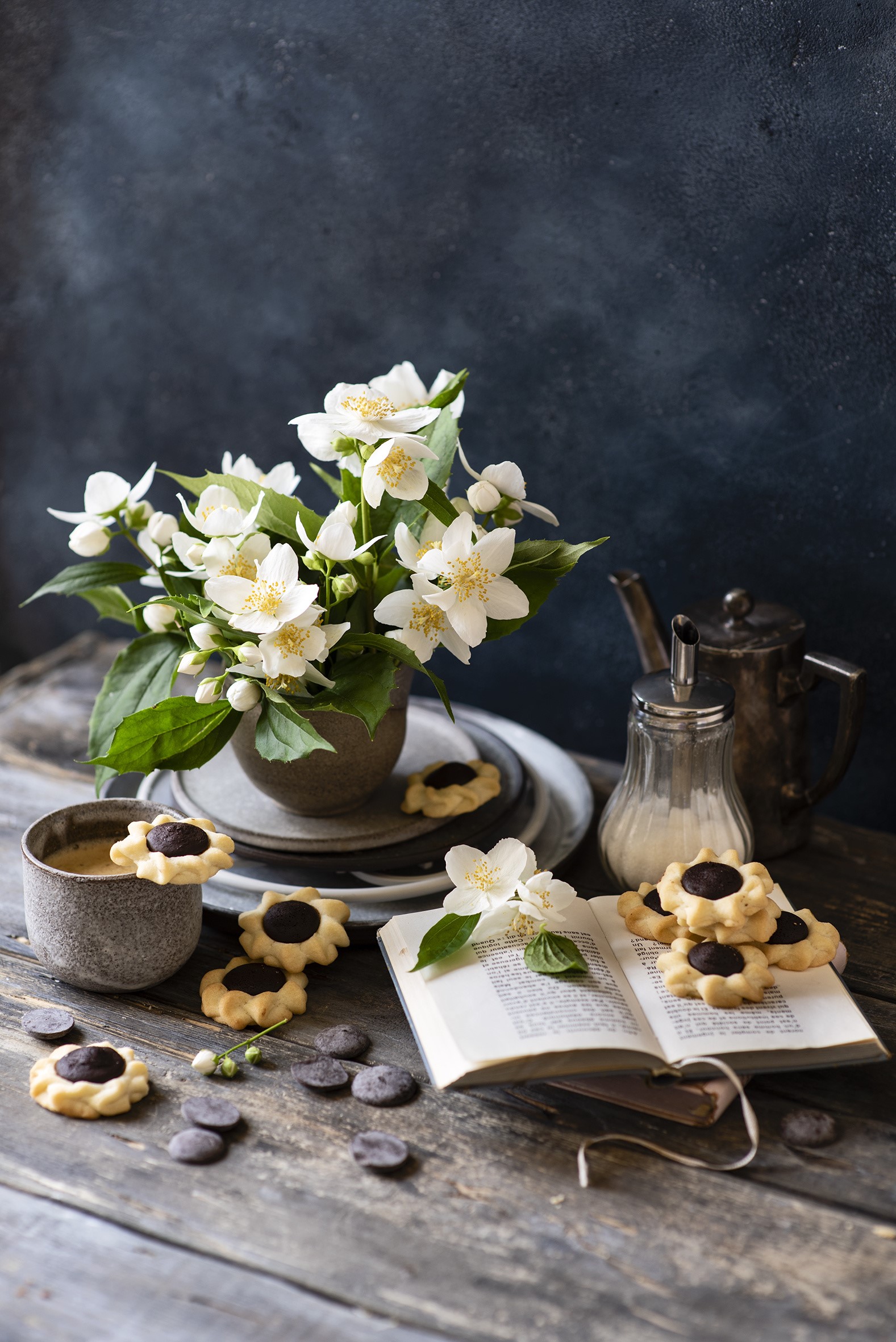 Still life with jasmine, cookies, coffee, and a book HD Phone Wallpaper