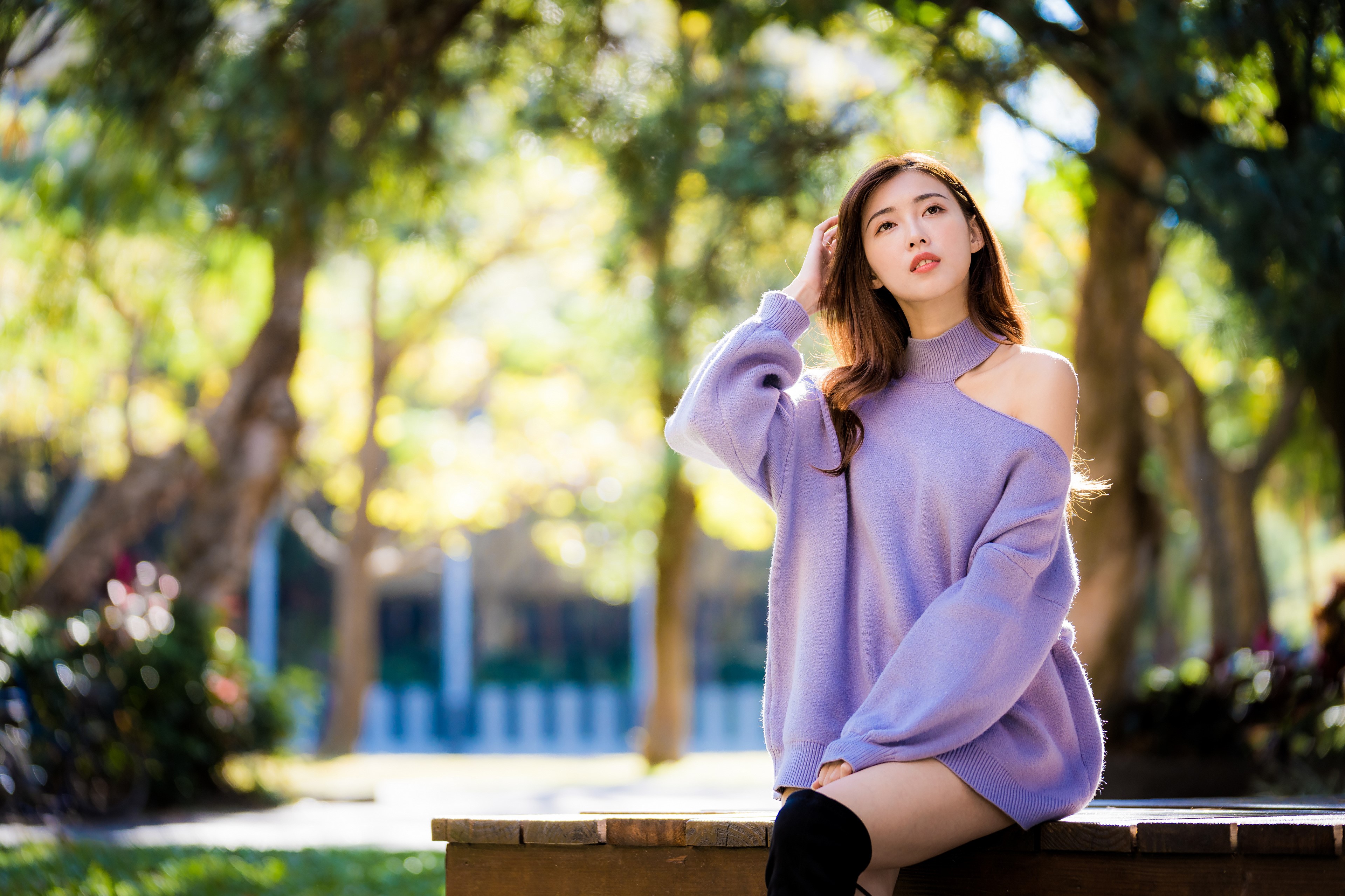 Asian woman with brown hair sitting outdoors HD Wallpaper
