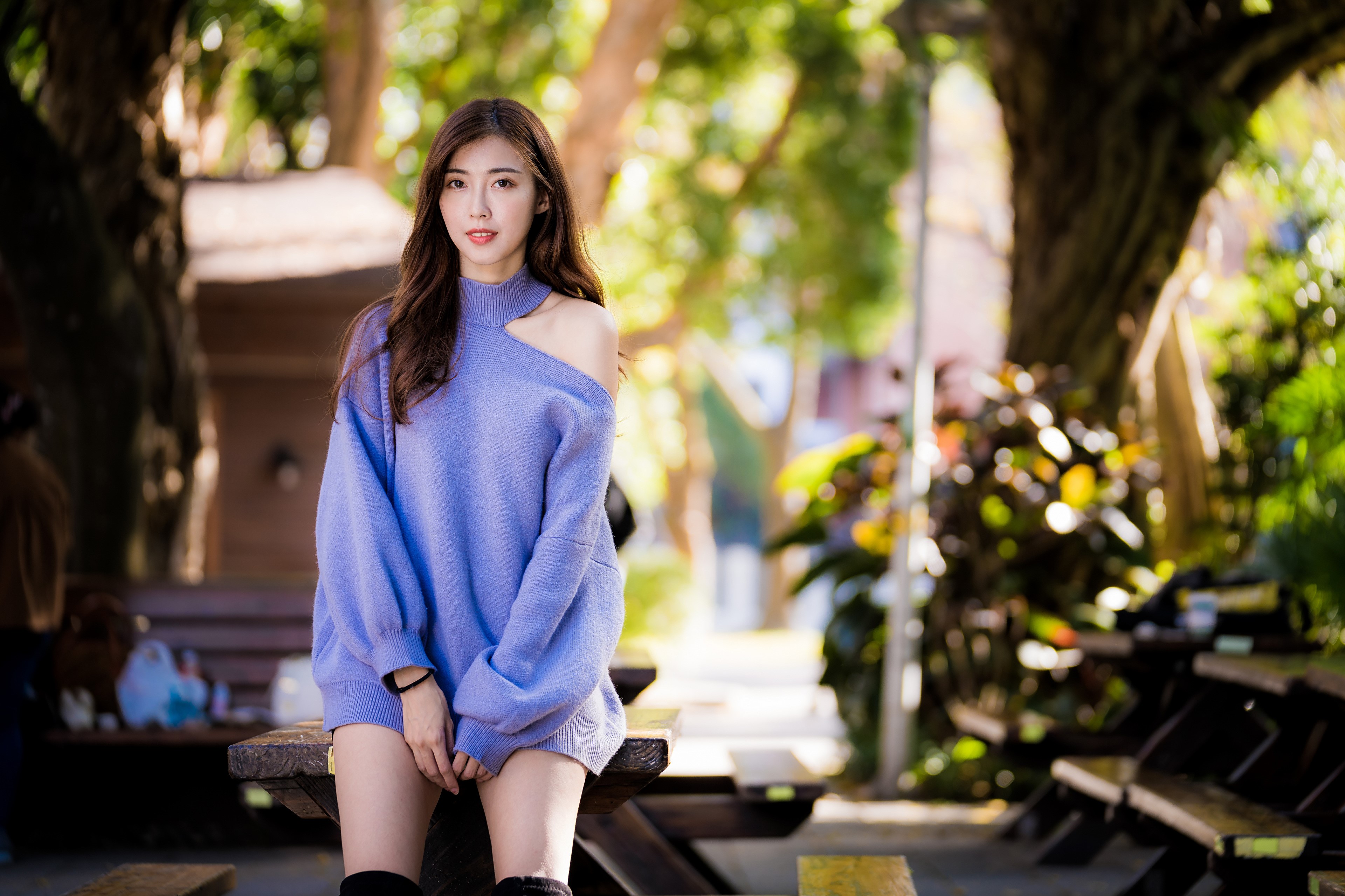 Asian woman with brown hair wearing a purple sweater HD Wallpaper