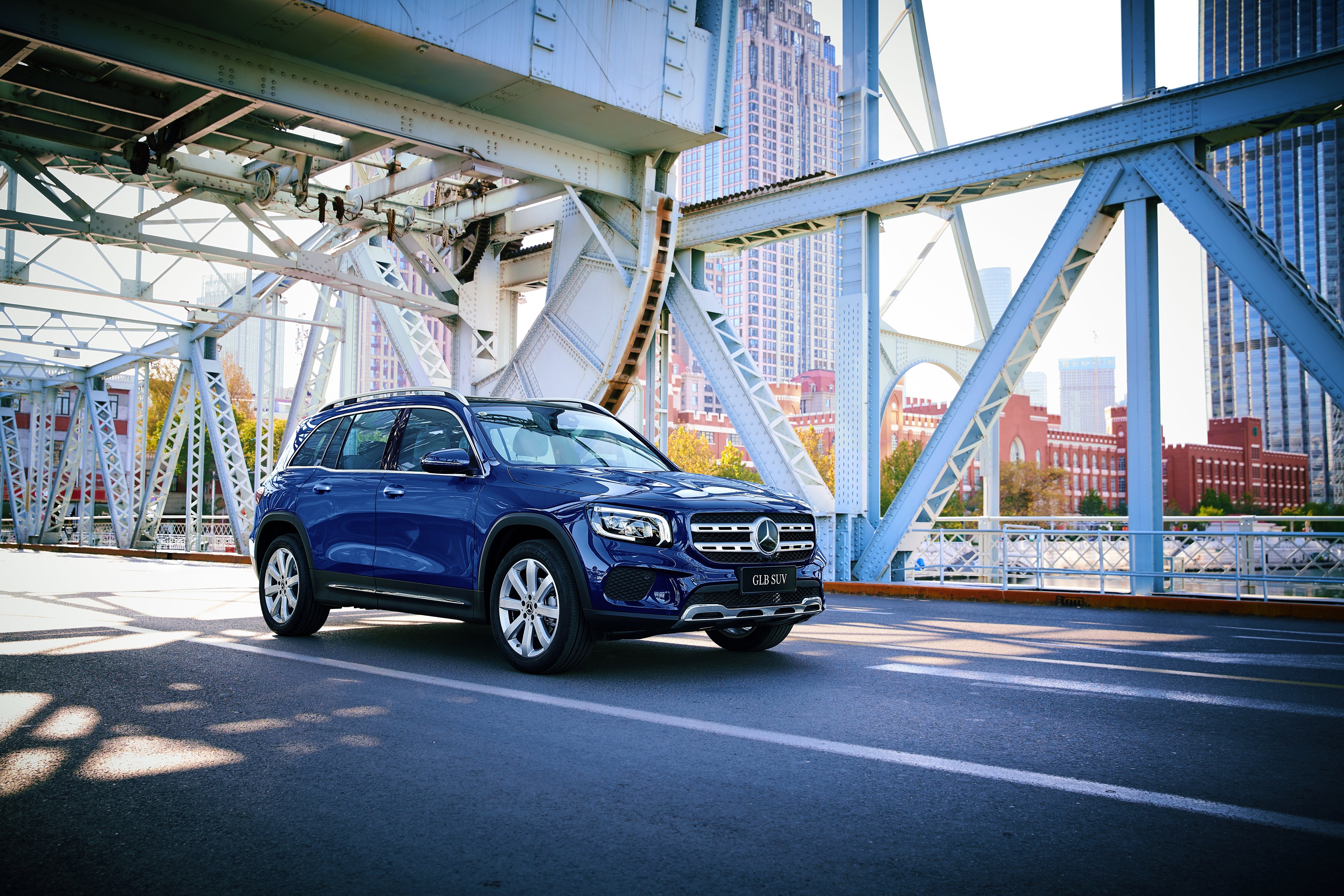 Blue Mercedes-Benz GLB SUV on a Bridge HD Wallpaper