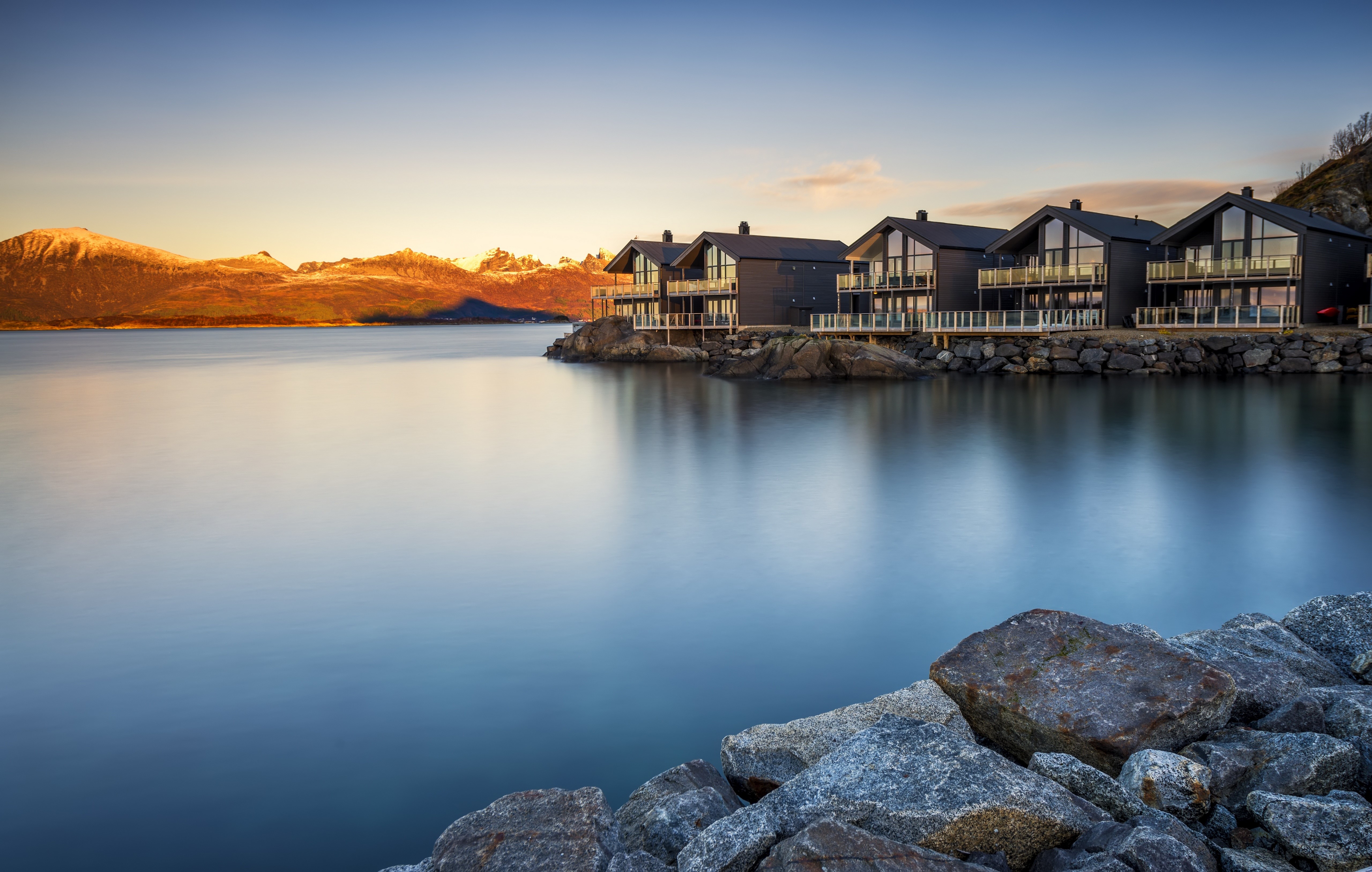 Modern houses on the coast of Norway at sunrise HD Wallpaper