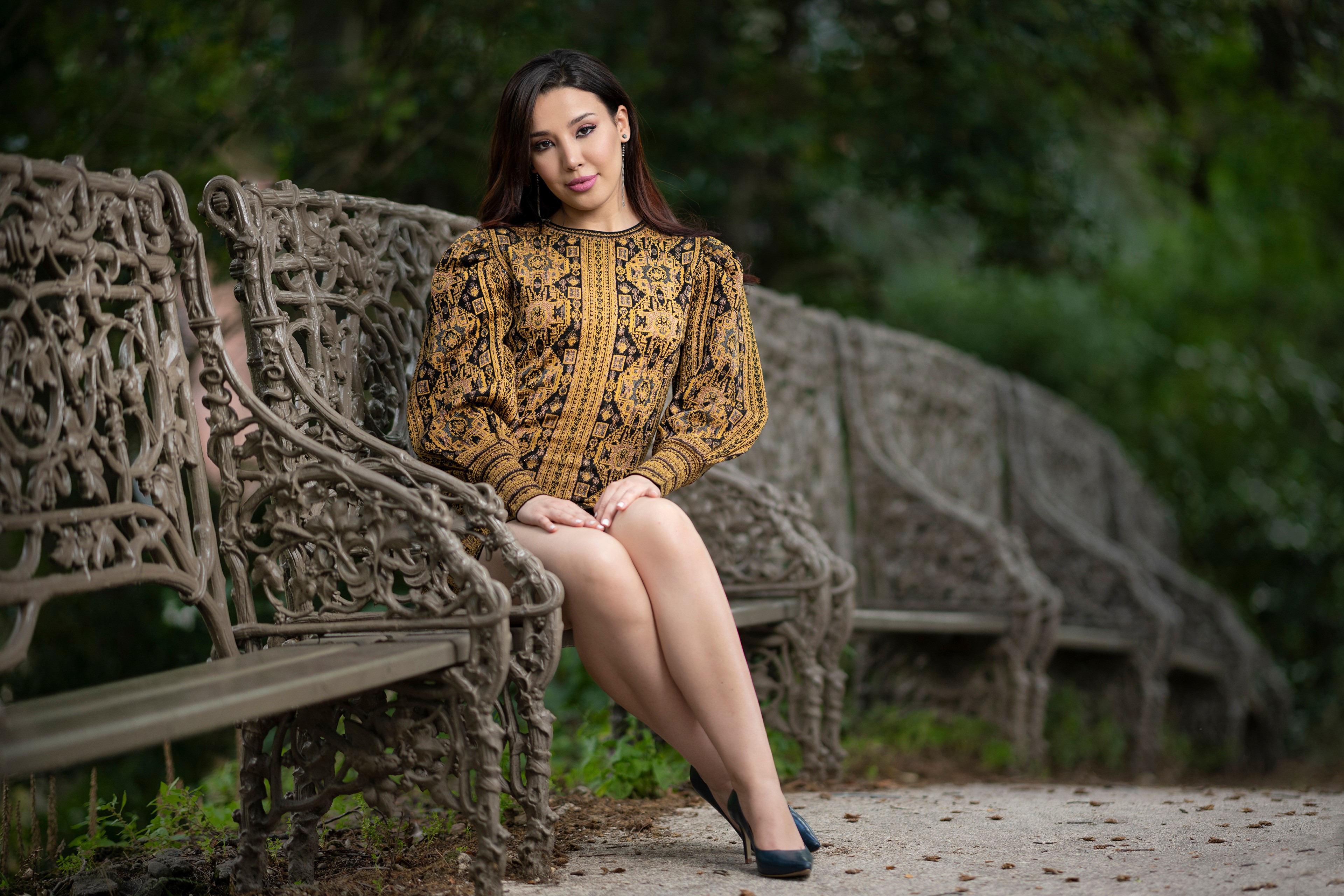 Sarah Sitting on Ornate Bench in 4K HD Wallpaper