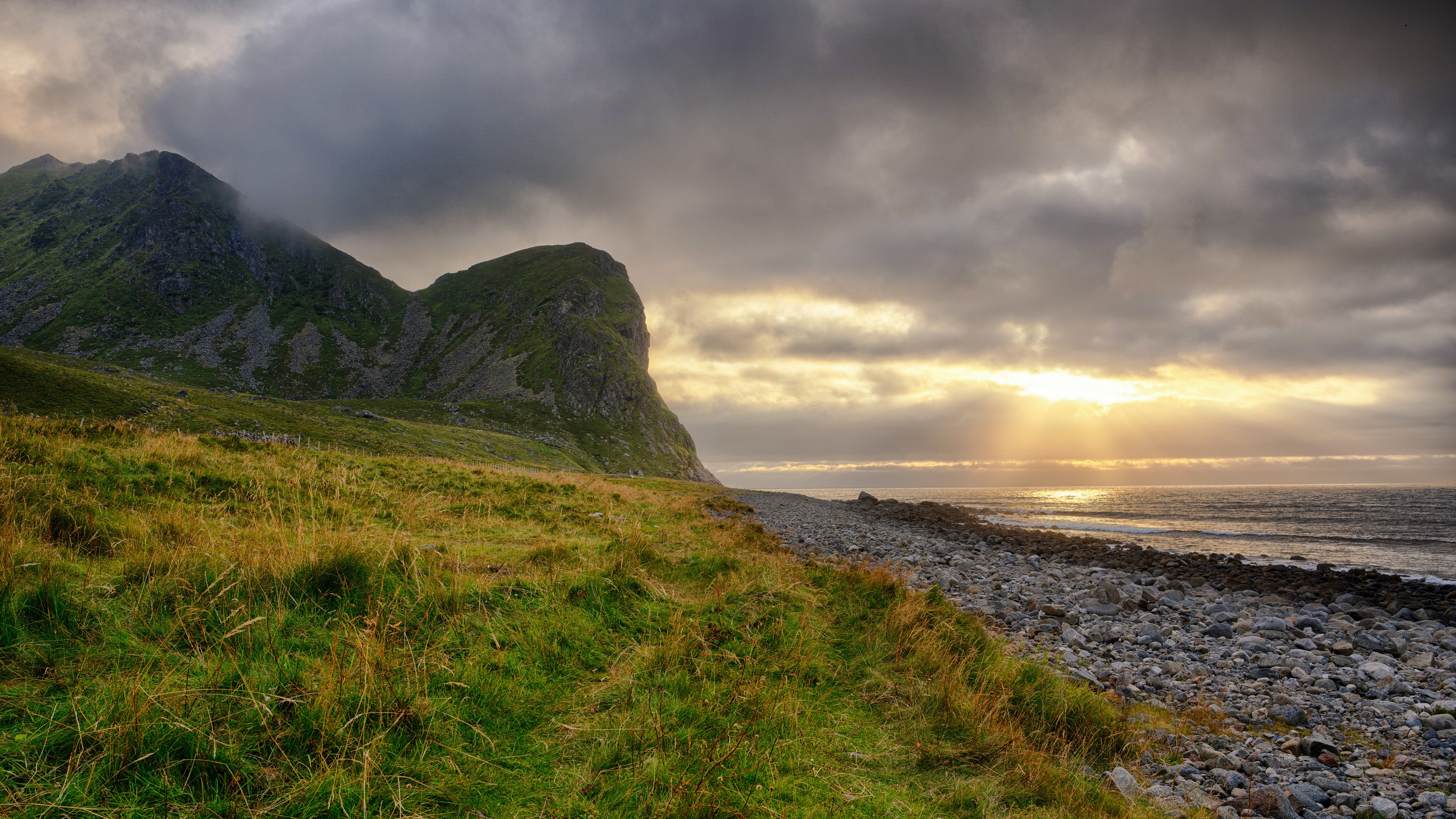 Unstad Beach, Lofoten, Norway Coastline with Mountains and Sunset HD Wallpaper