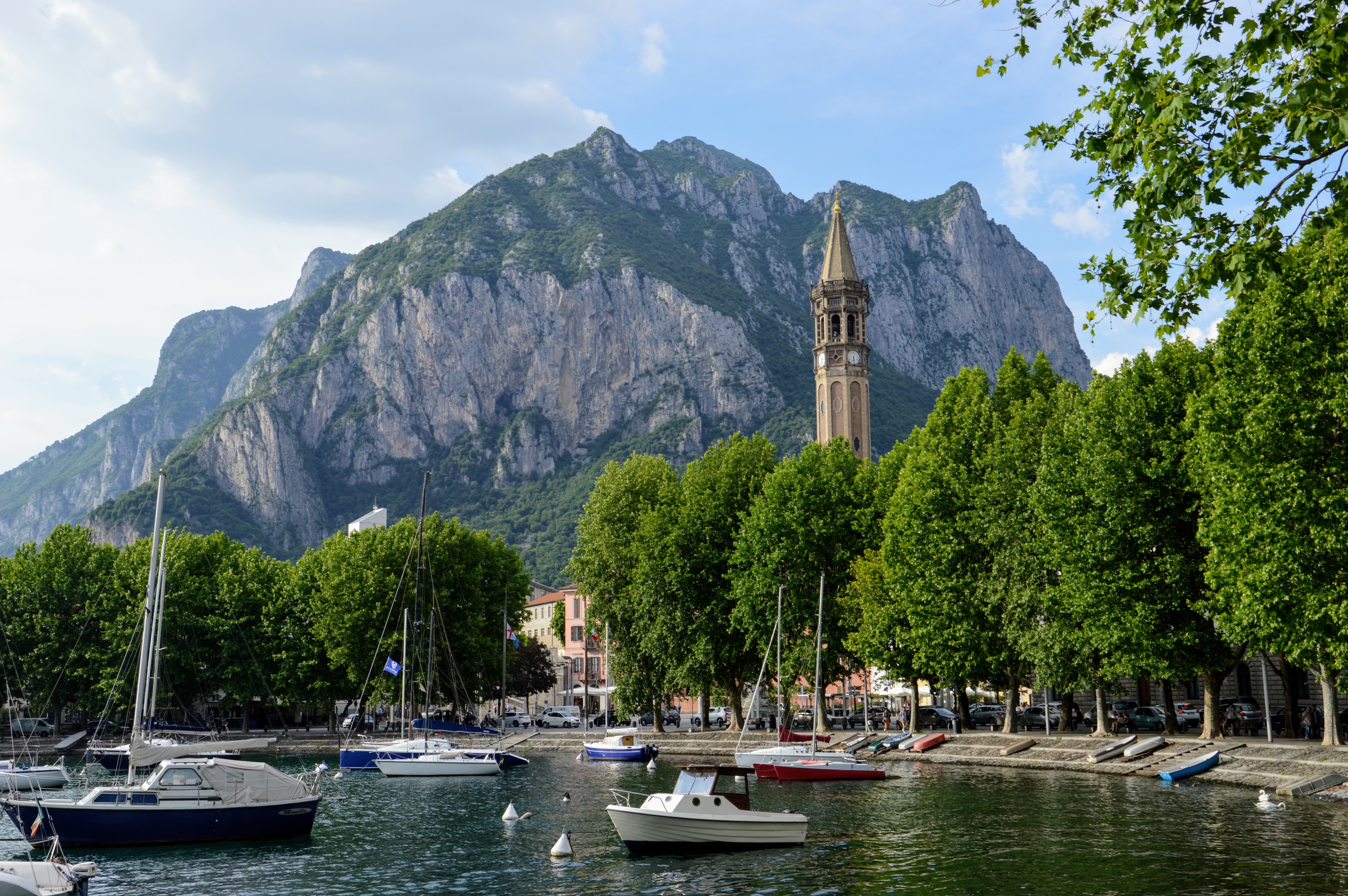 Lake Como with Mountains and Bell Tower in Lecco, Italy HD Wallpaper