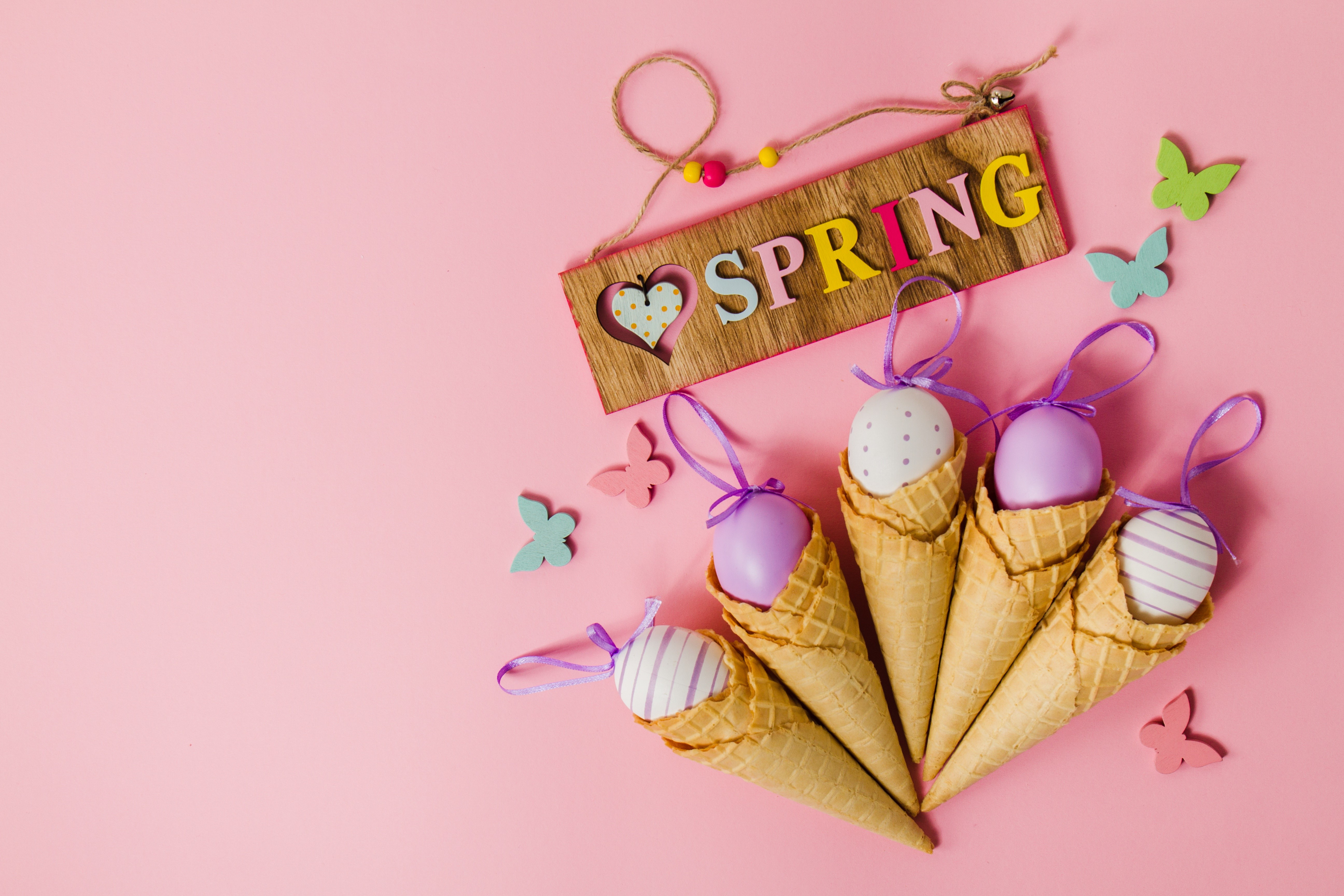 Easter eggs in ice cream cones with Spring sign HD Wallpaper