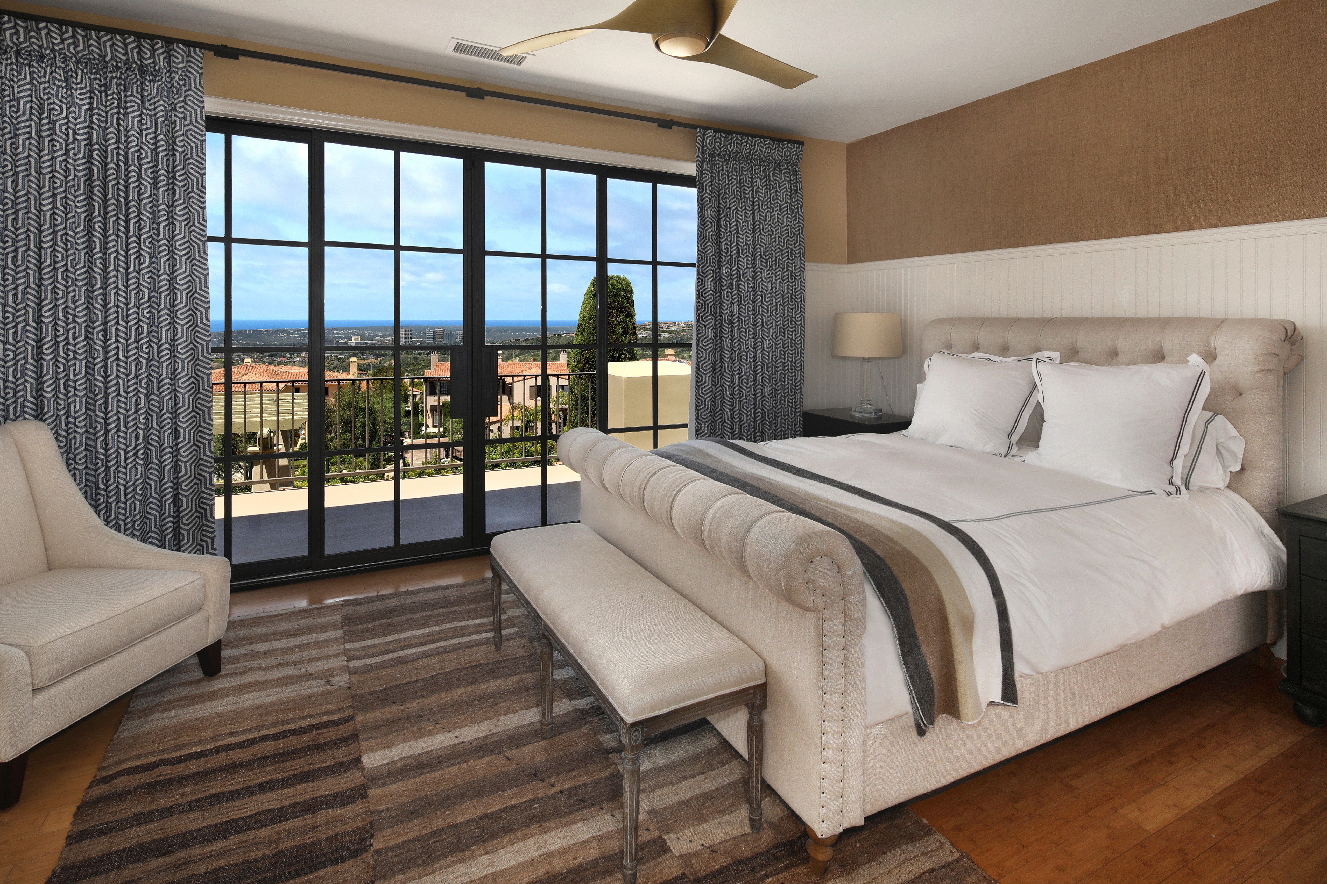 Bedroom with large windows and ocean view HD Wallpaper