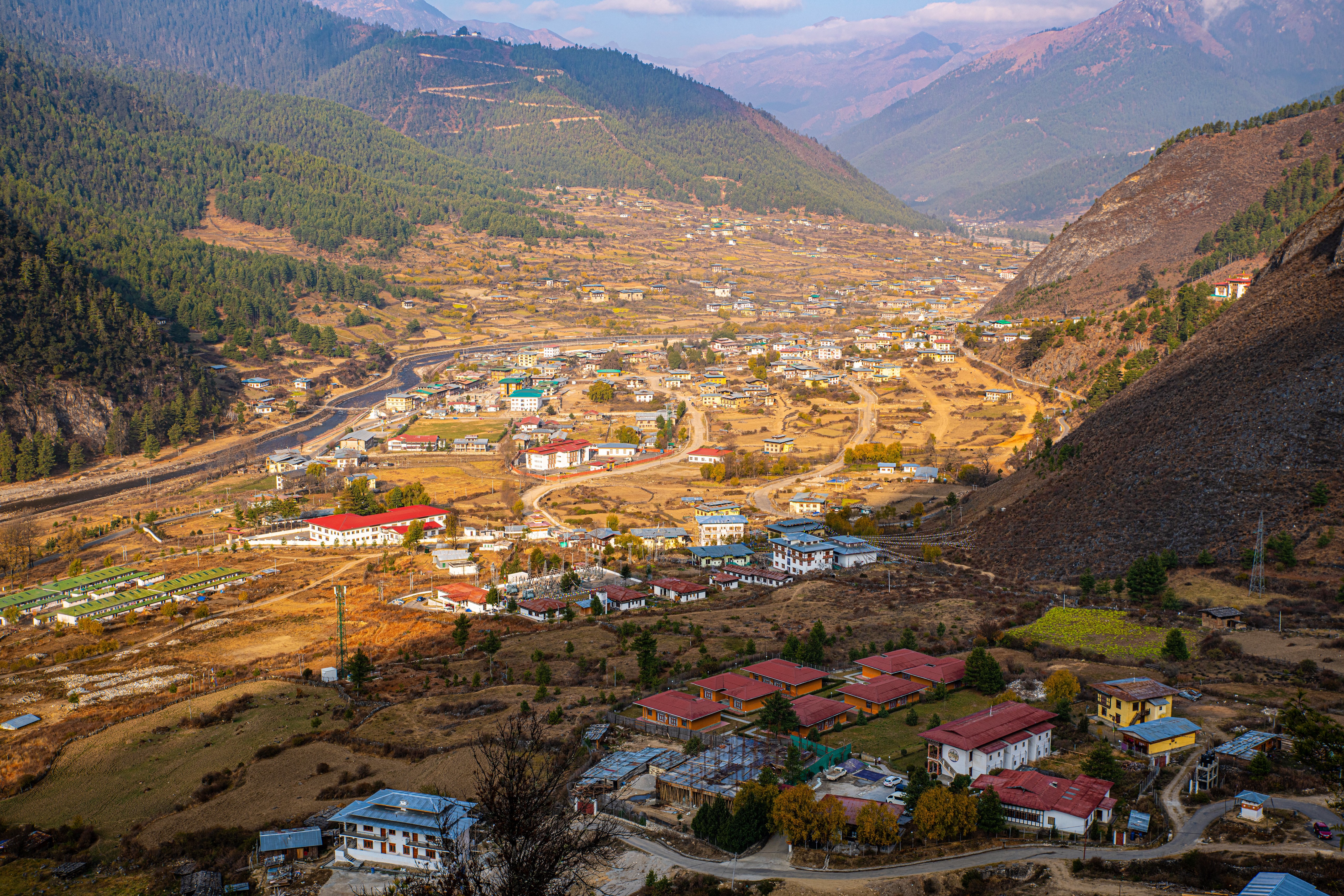 Haa Valley, Bhutan: Aerial View of Mountains and Houses HD Wallpaper