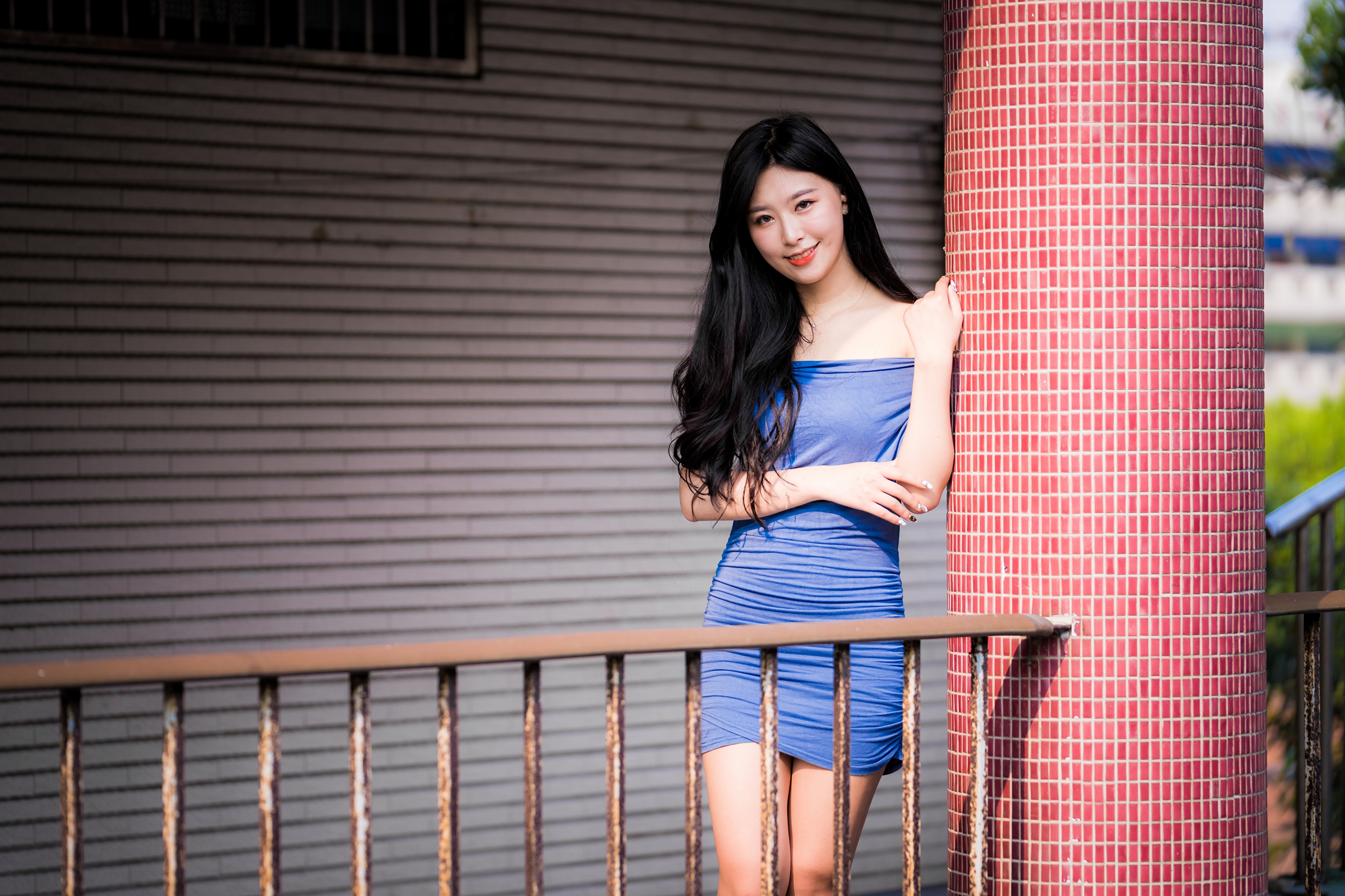 4K Asian Brunette Girl in Blue Dress HD Wallpaper