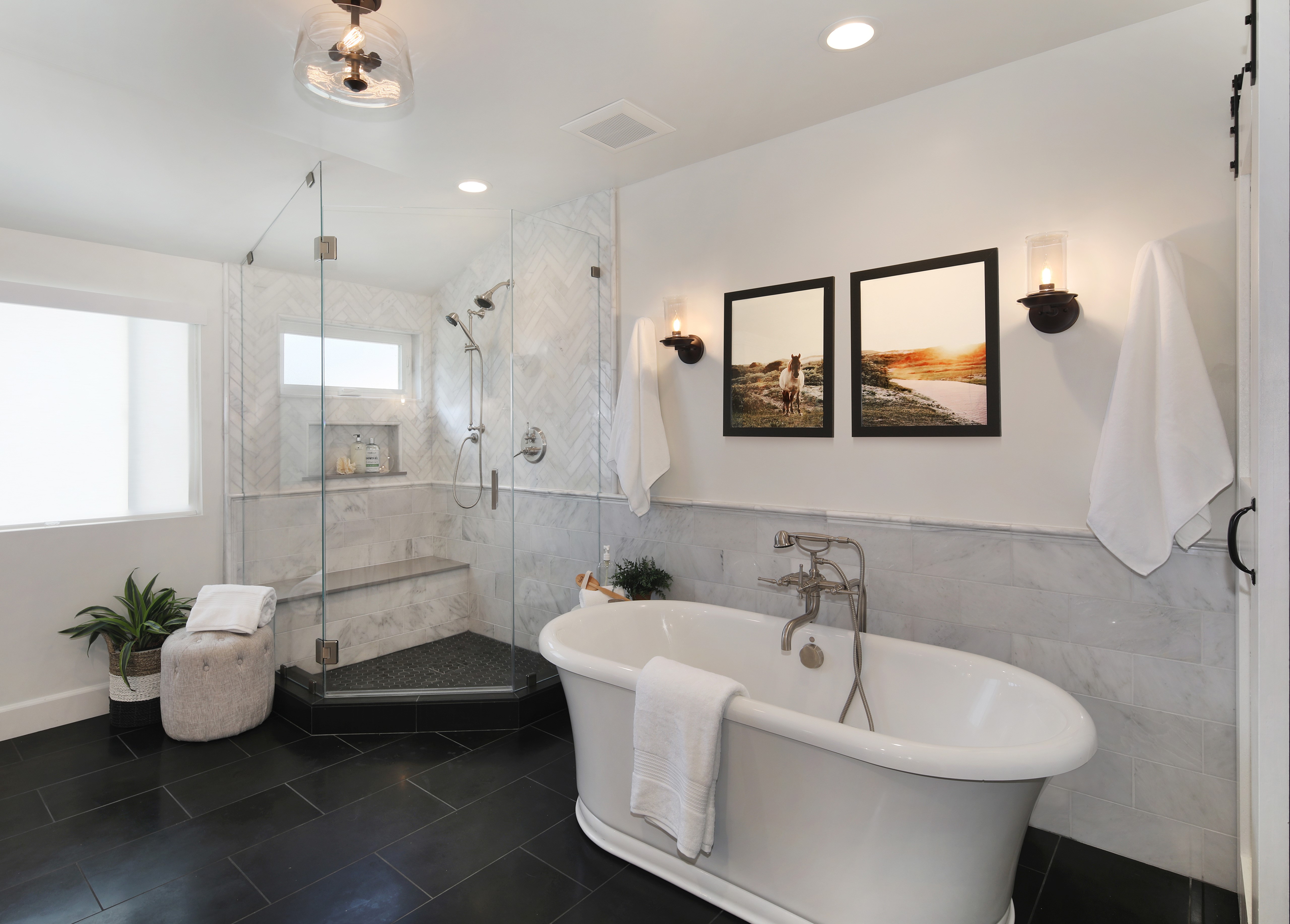 Modern Bathroom with Freestanding Tub and Glass Shower HD Wallpaper