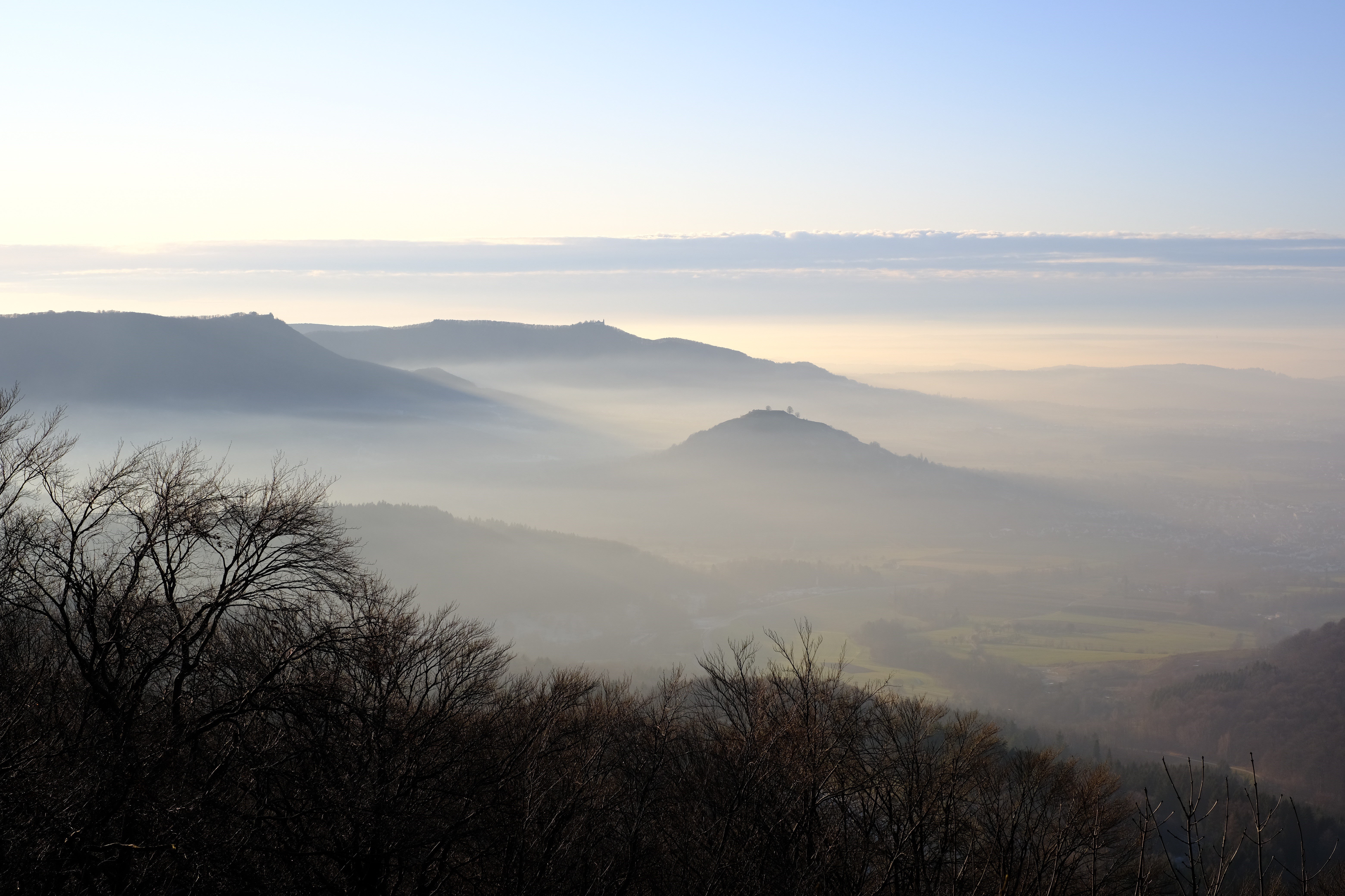 Mountains and fog in Germany at sunrise HD Wallpaper