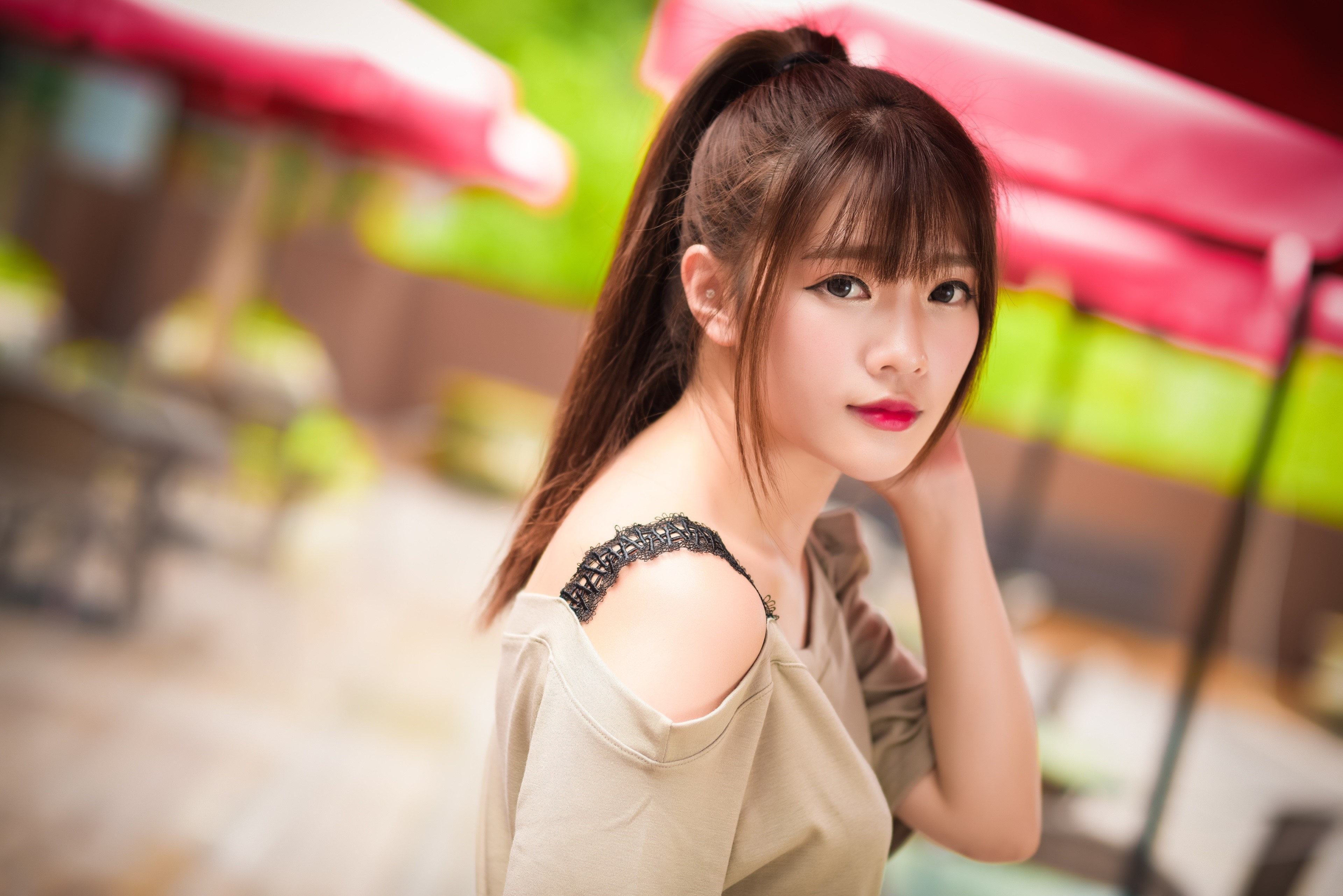 Asian woman with brown hair and bangs HD Wallpaper