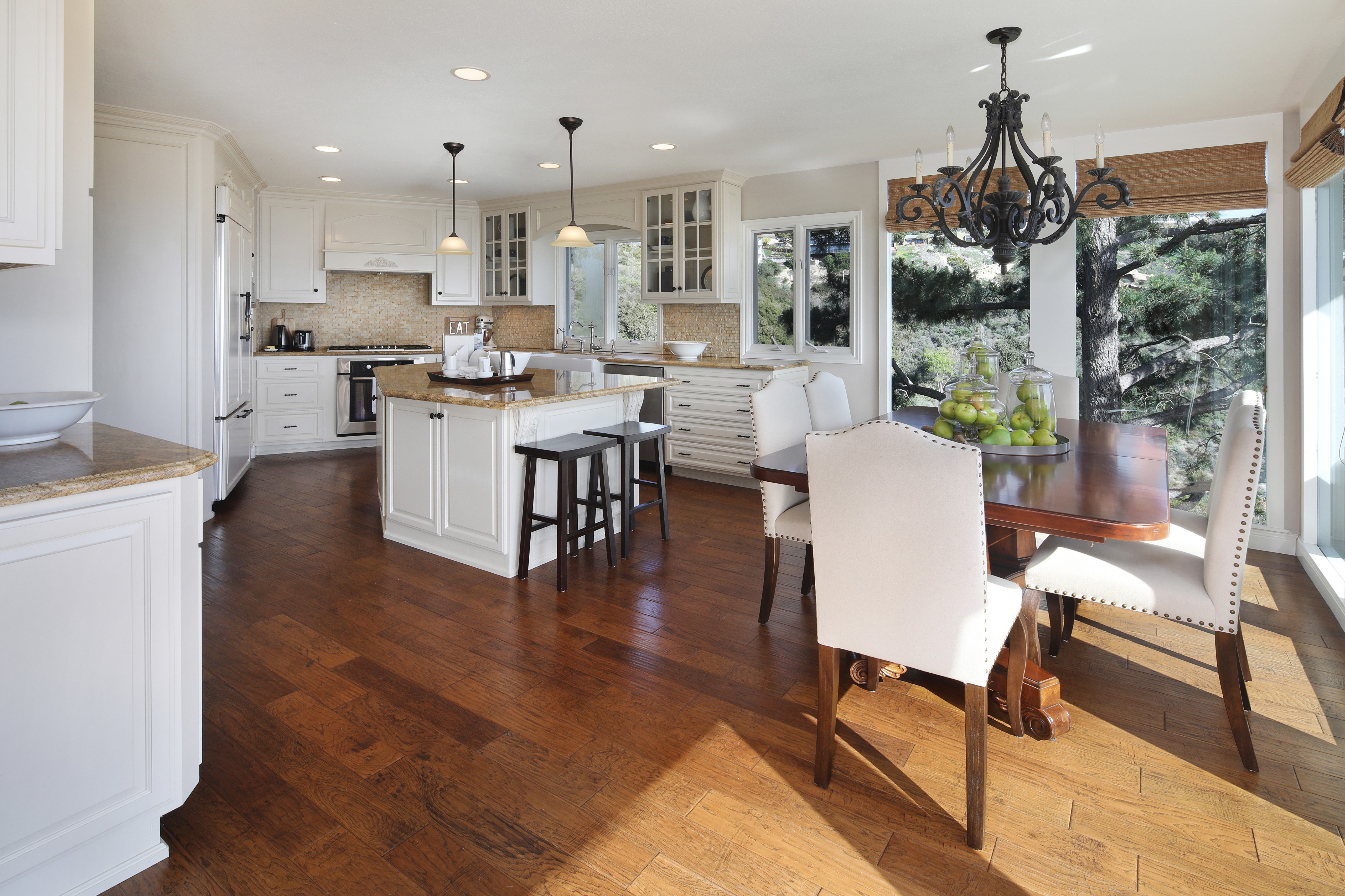 Kitchen and Dining Area with Chandelier HD Wallpaper