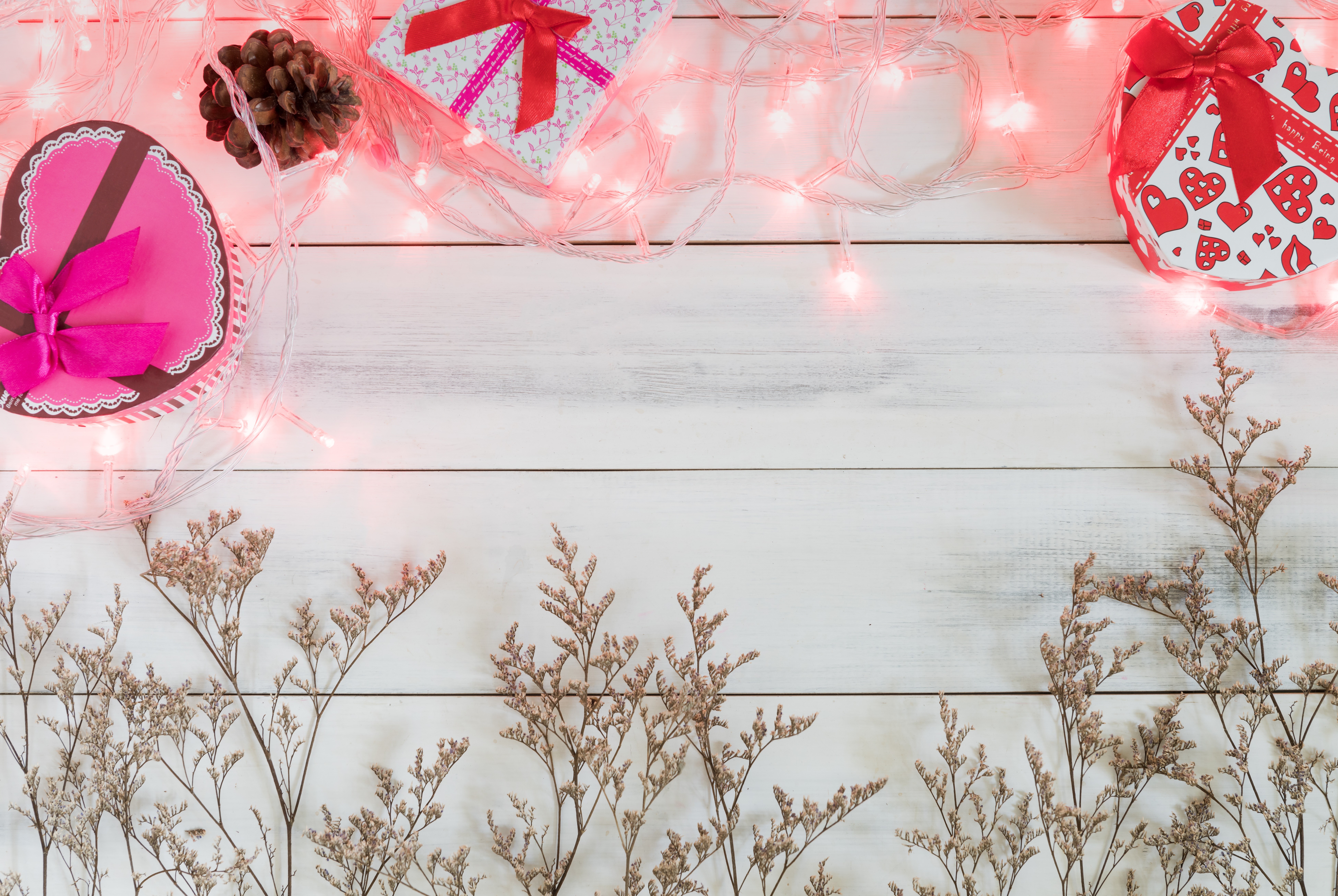 Valentine's Day Gifts and Fairy Lights on Wood HD Wallpaper