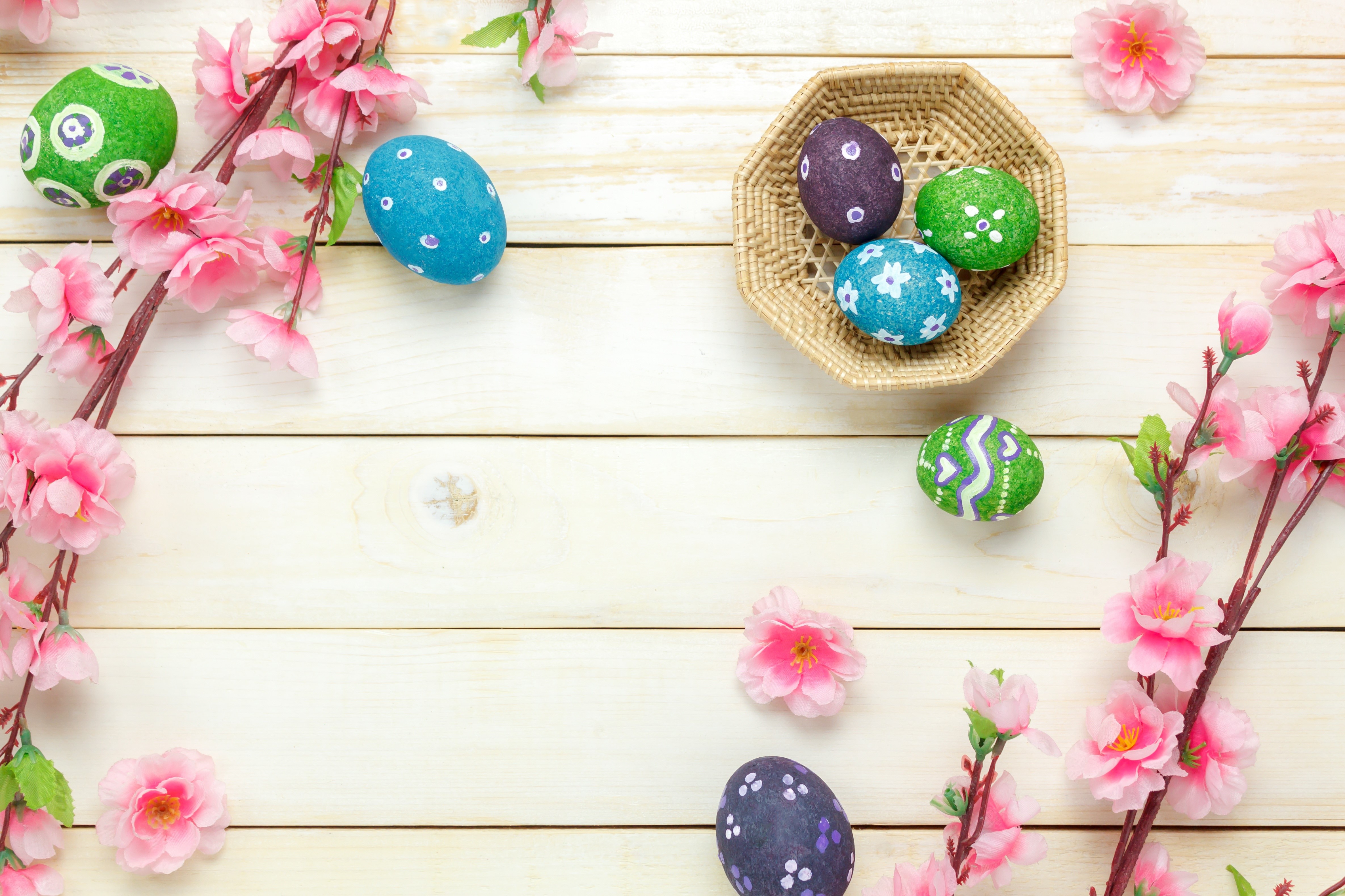 Easter Eggs and Cherry Blossoms on Wood HD Wallpaper