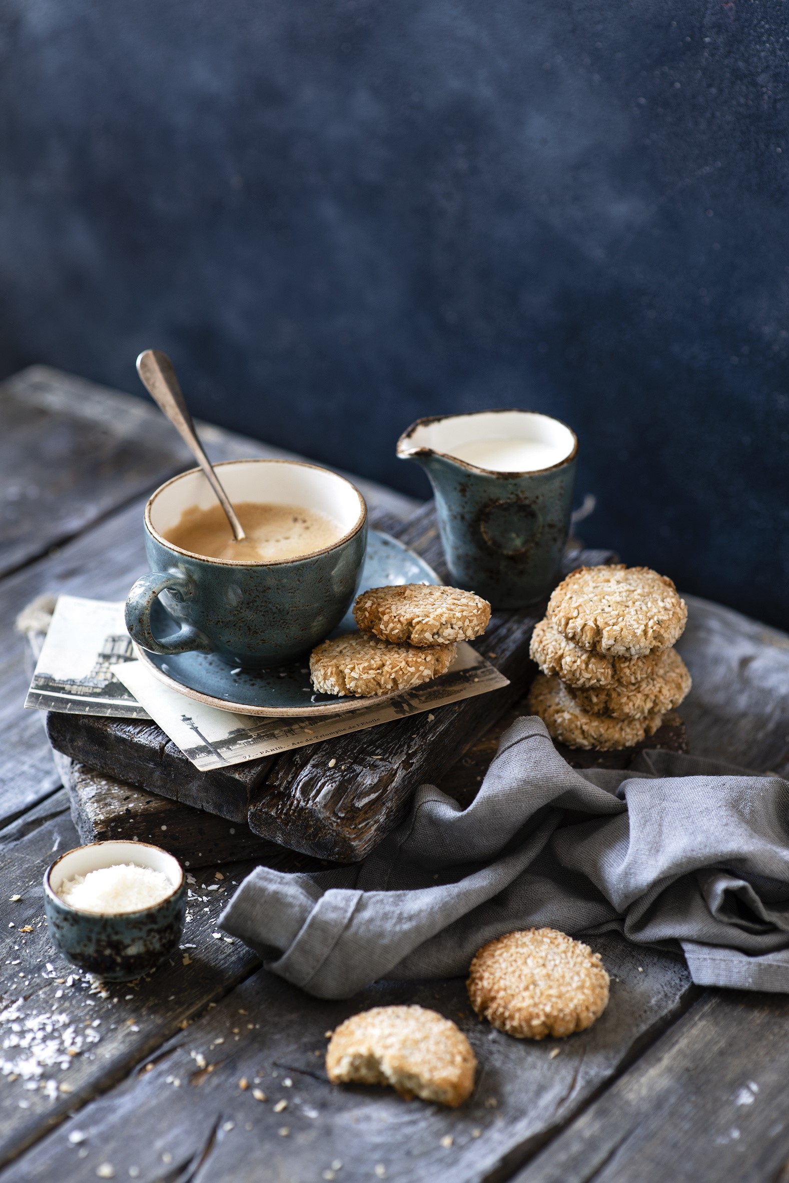 Coffee with cookies and milk on wooden table HD Phone Wallpaper