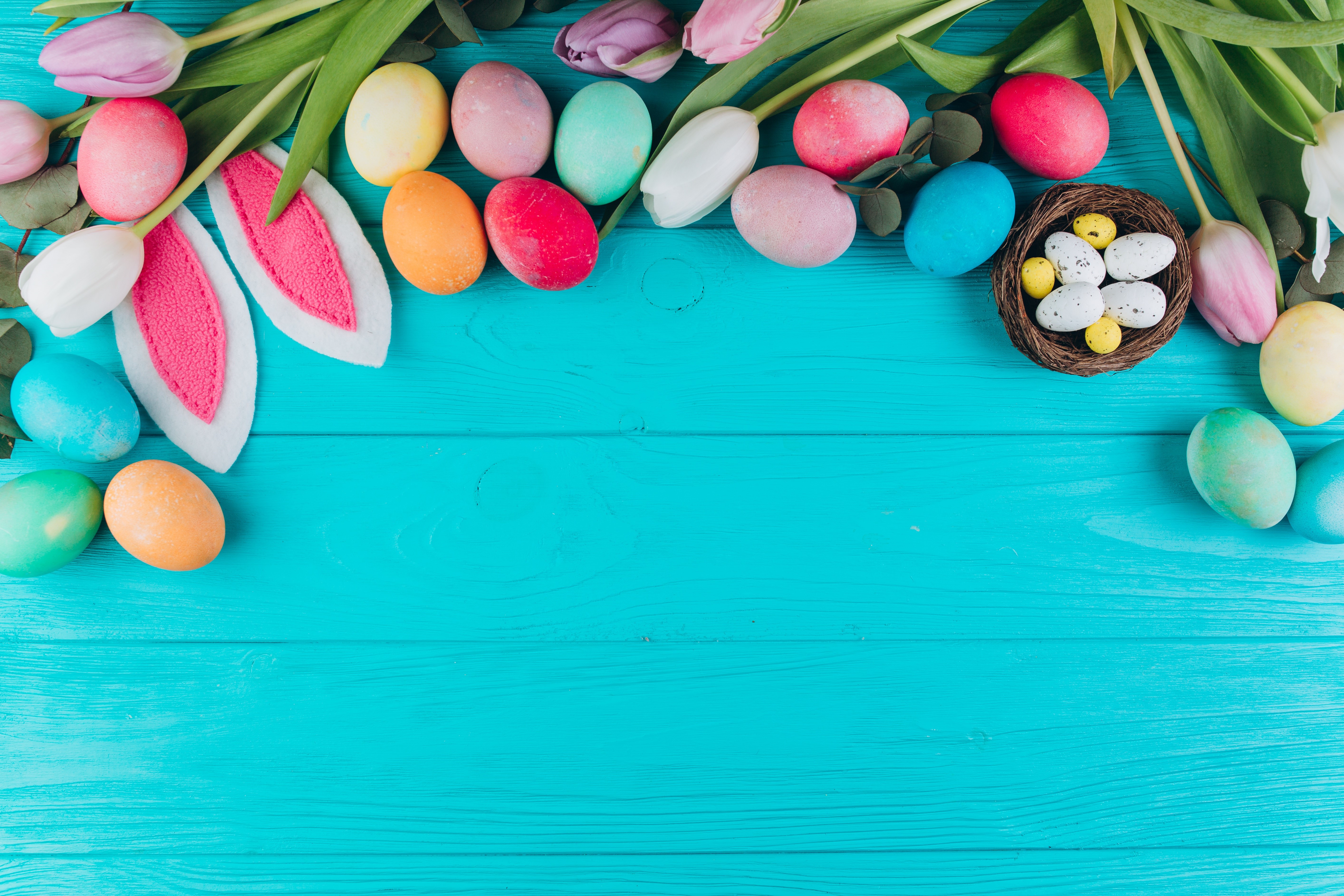 Easter Eggs and Tulips on Blue Wooden Background HD Wallpaper