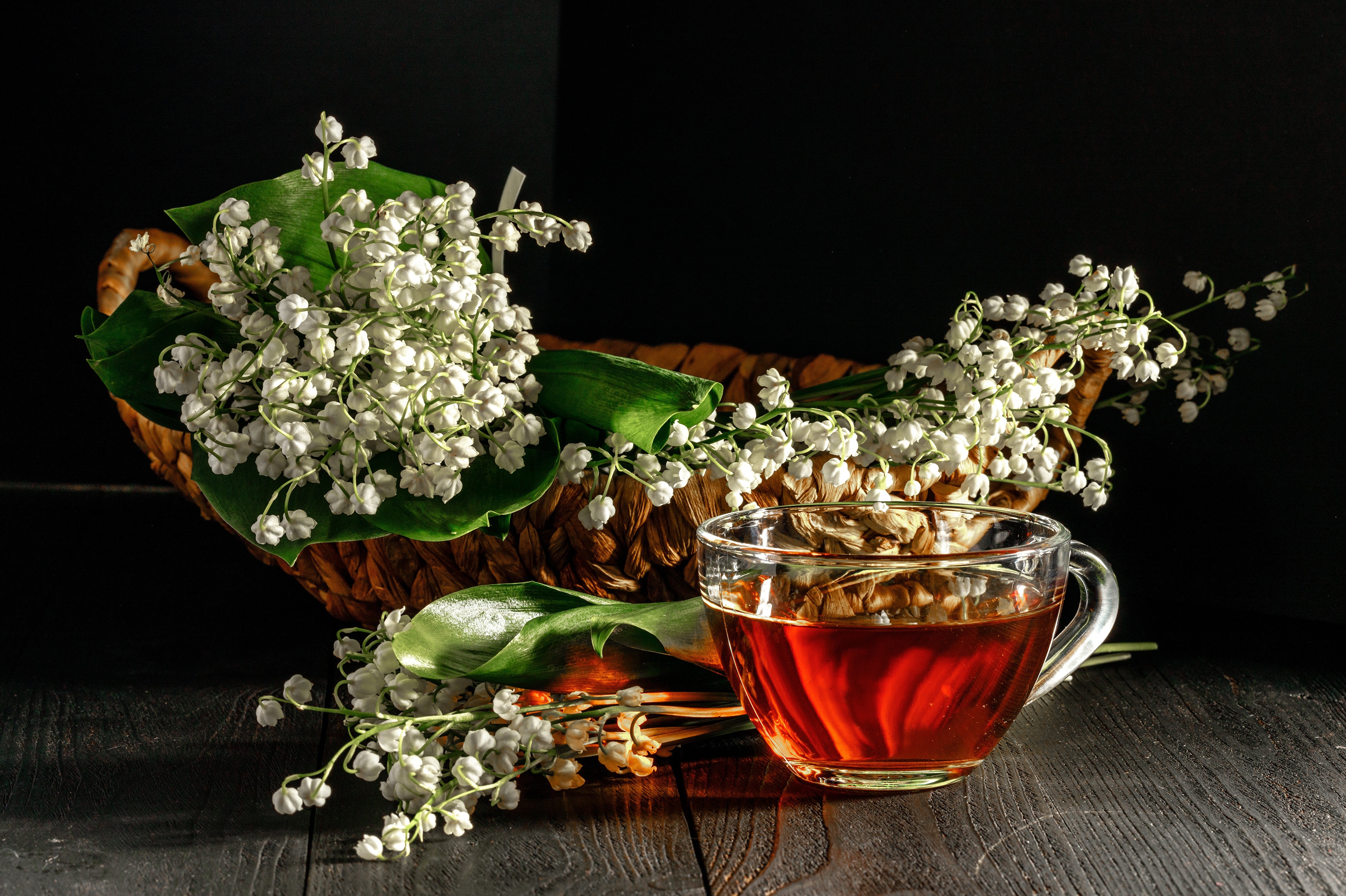 Tea and Lilies of the Valley in a Wicker Basket HD Wallpaper