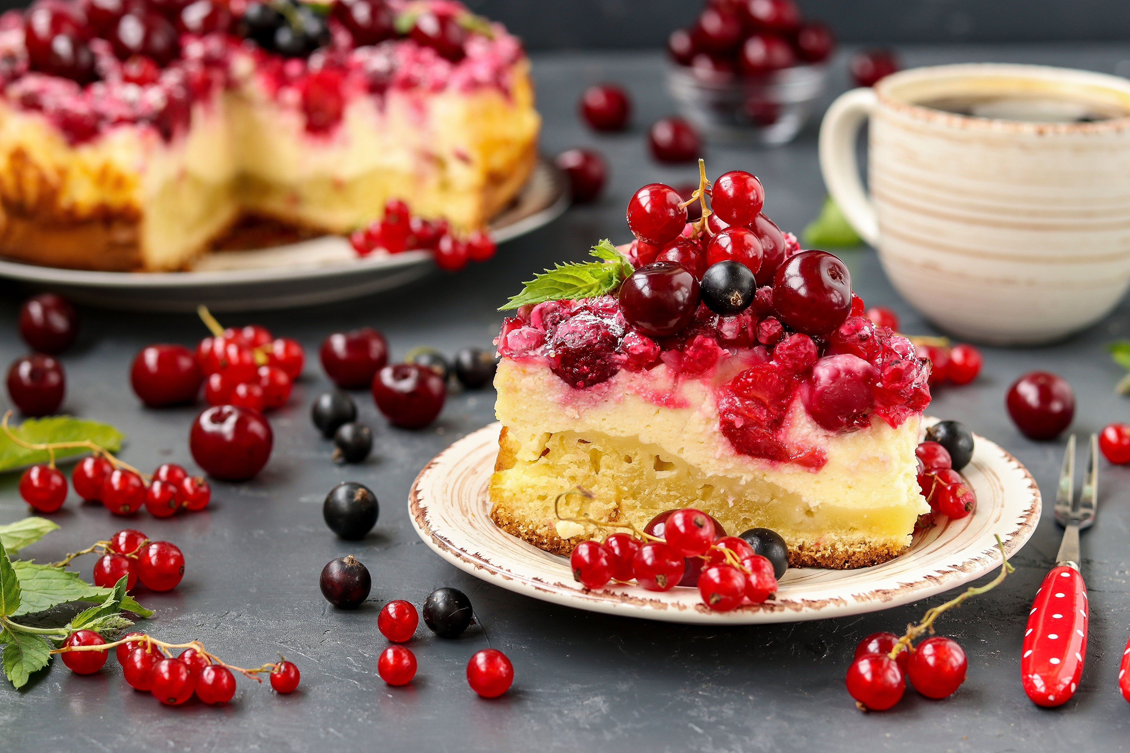 Berry and Cherry Pie Slice with Coffee HD Wallpaper