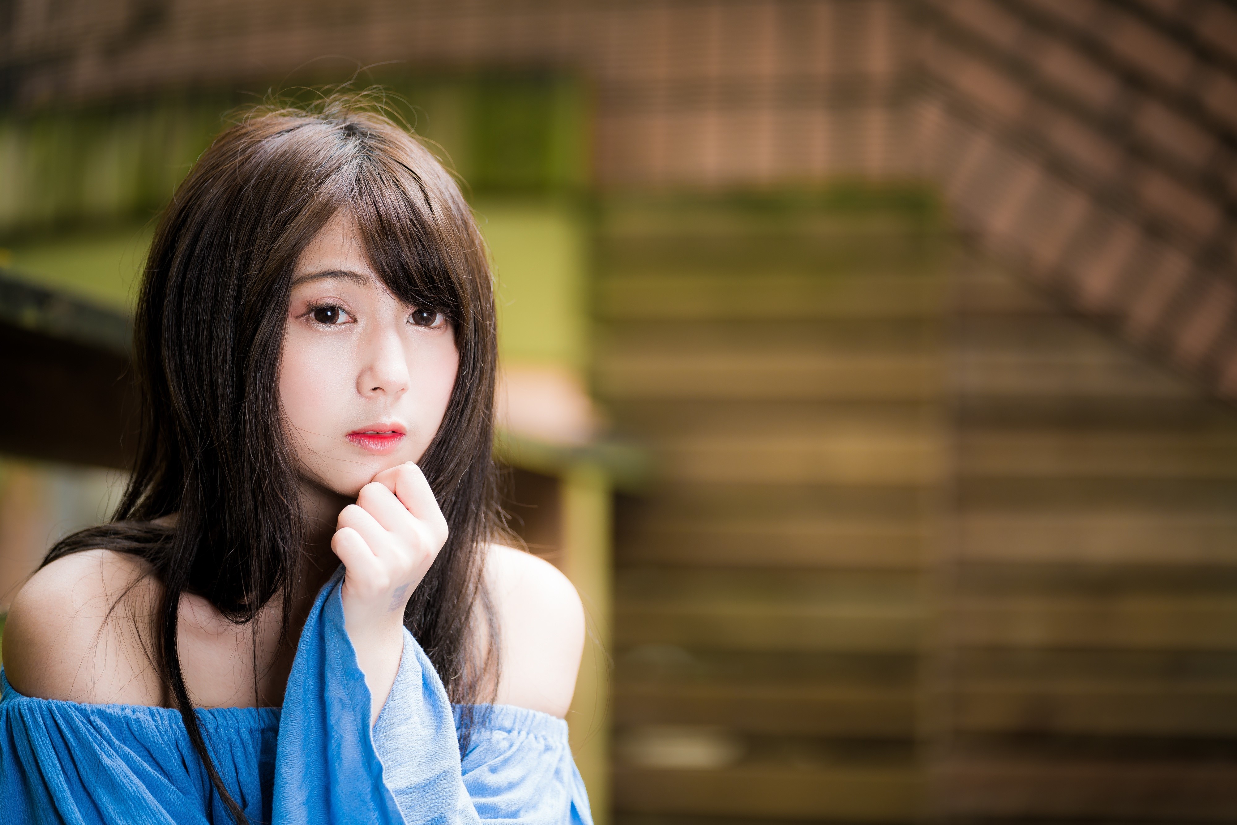 Asian woman with brown hair in blue dress HD Wallpaper