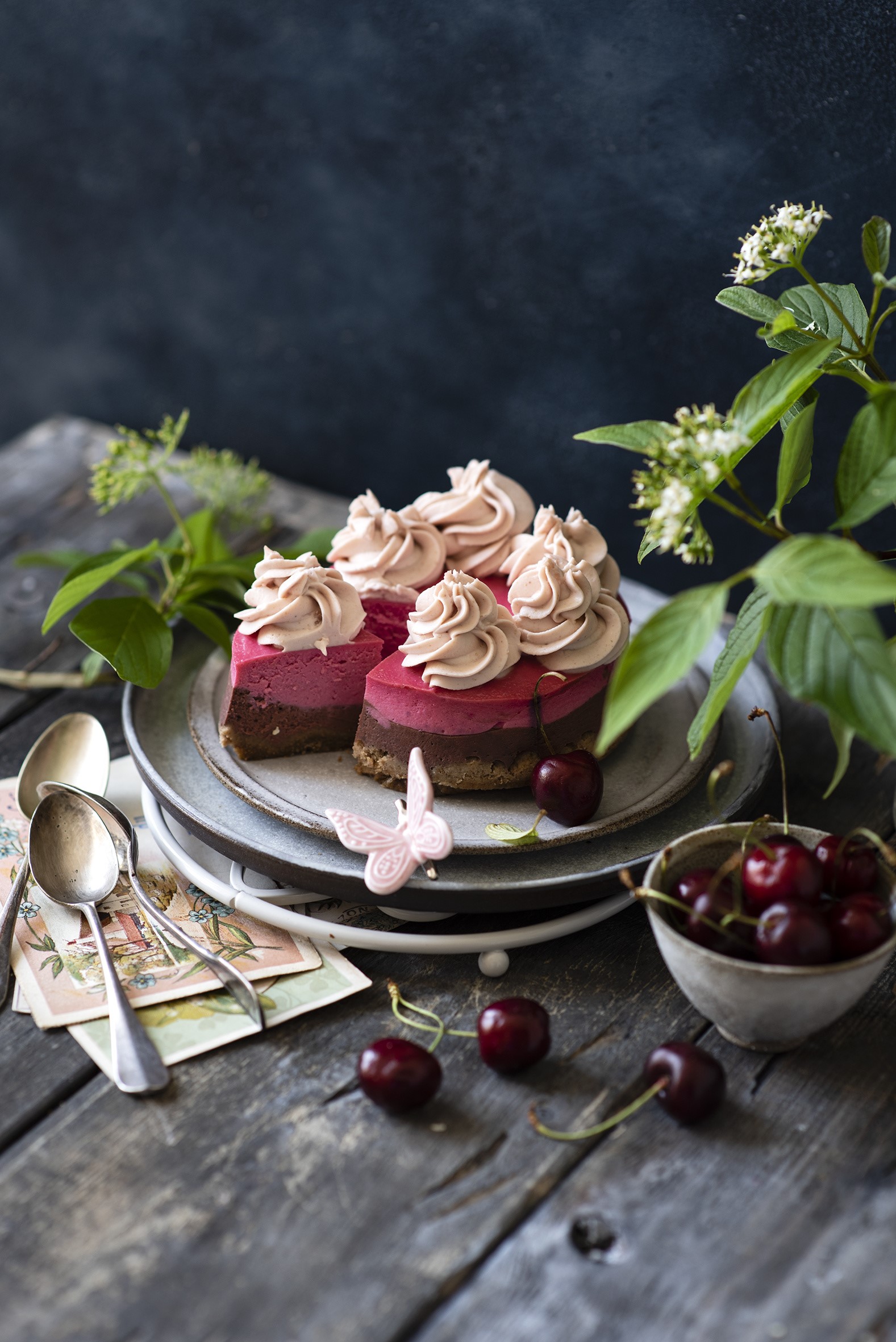 Cherry cheesecakes with whipped cream on a plate HD Phone Wallpaper