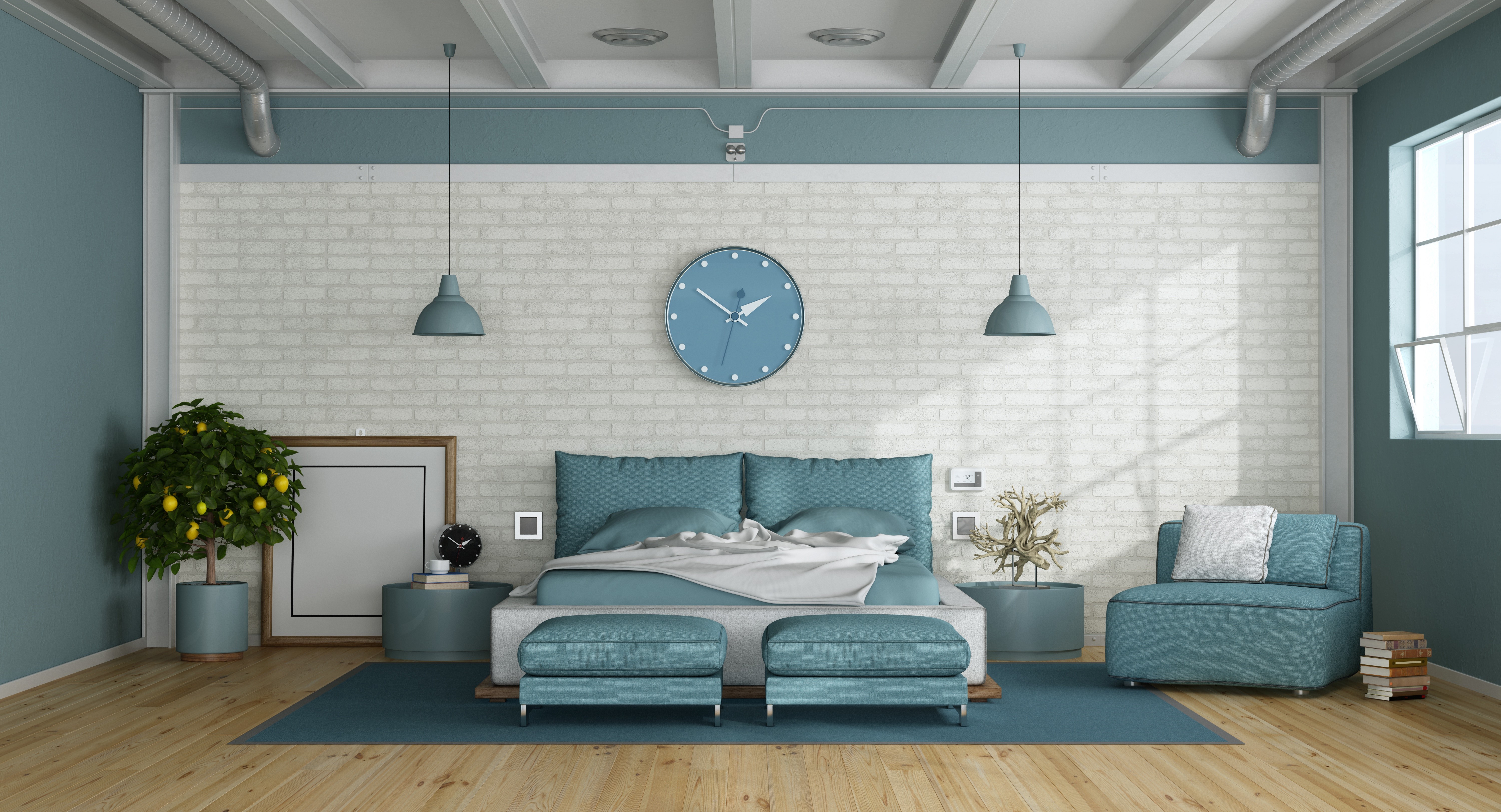Bedroom with blue bed, clock, and chair HD Wallpaper