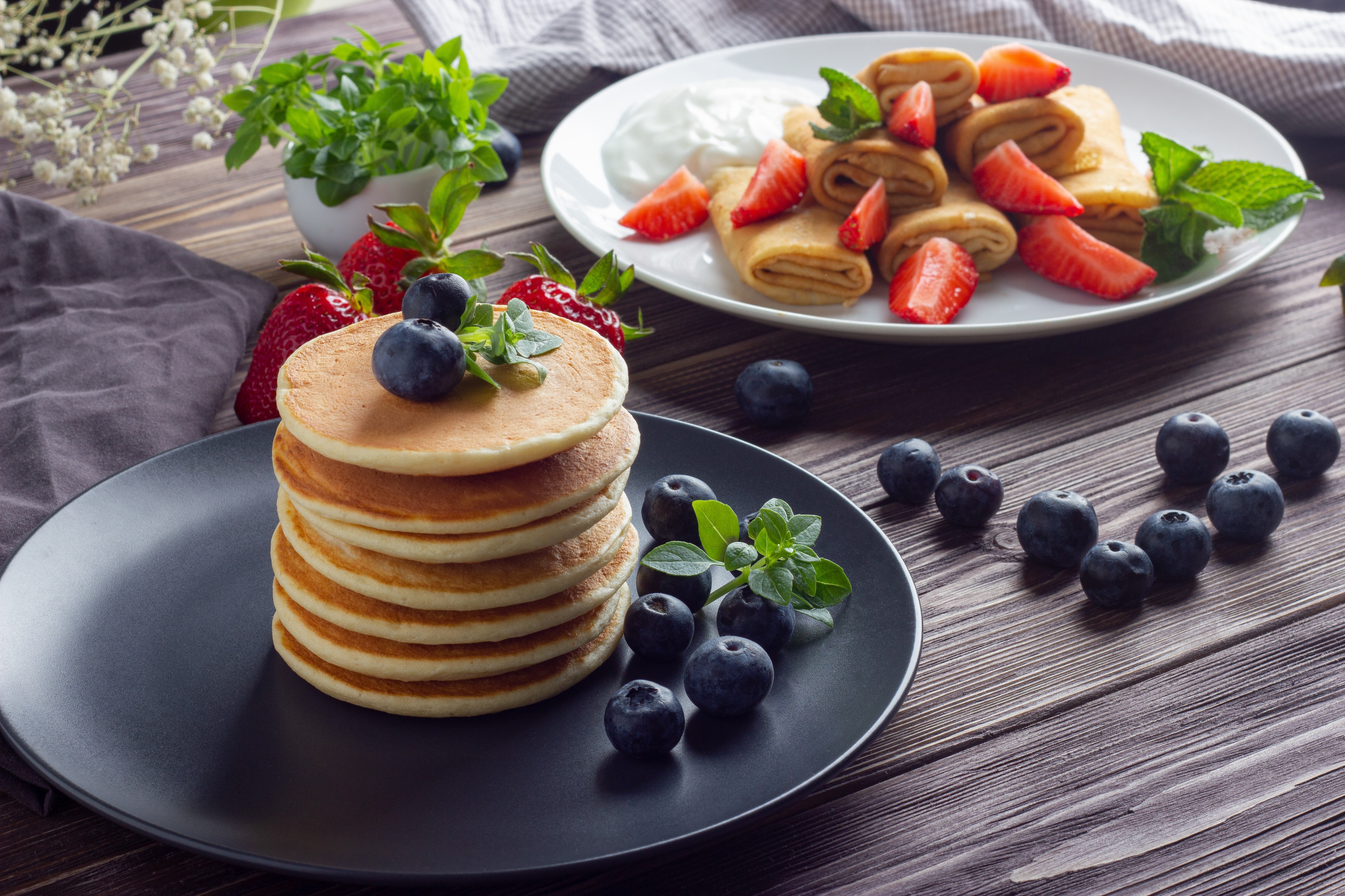 Pancakes with Blueberries and Strawberries HD Wallpaper