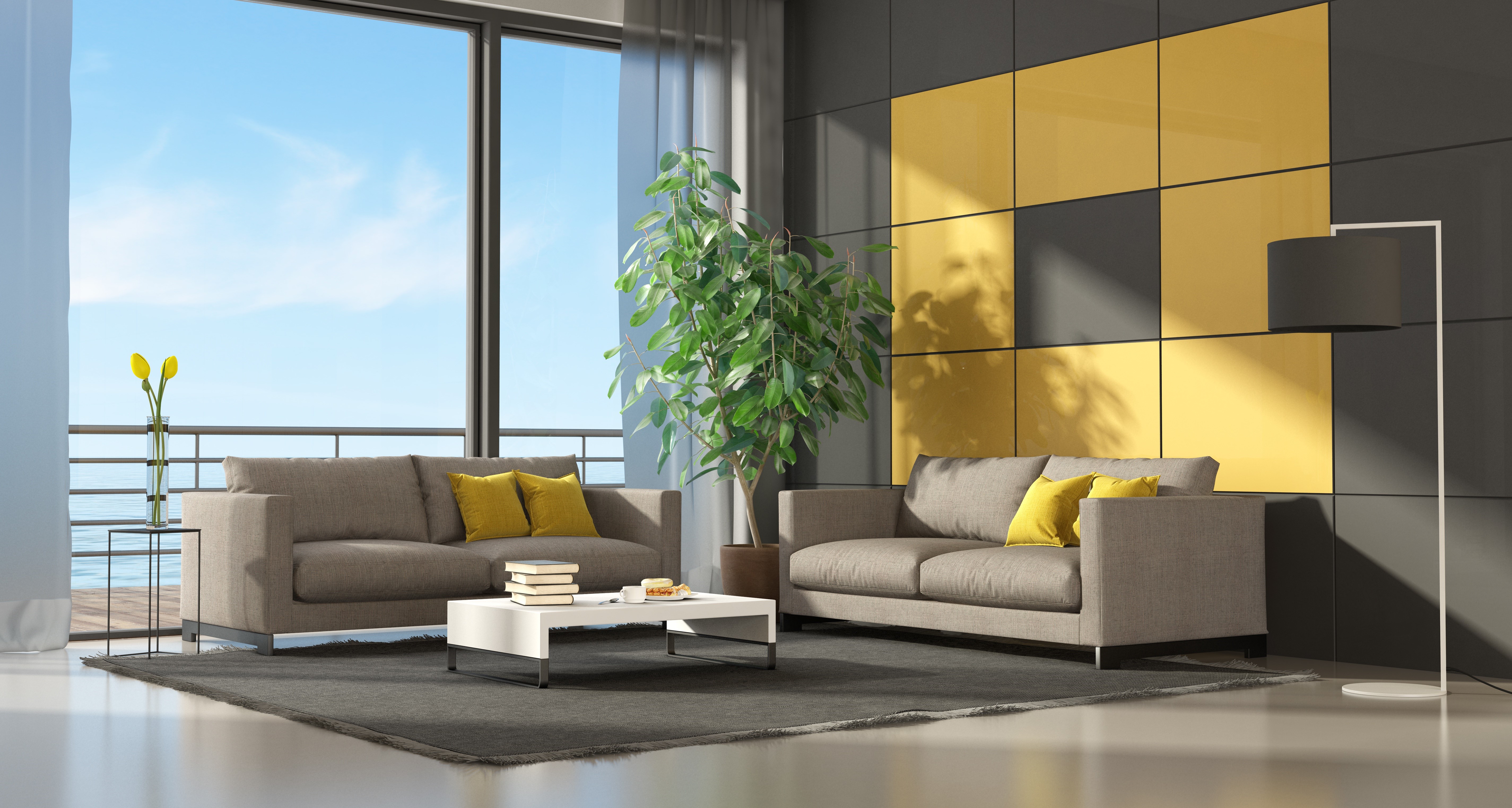 Modern living room with sofas and large window HD Wallpaper
