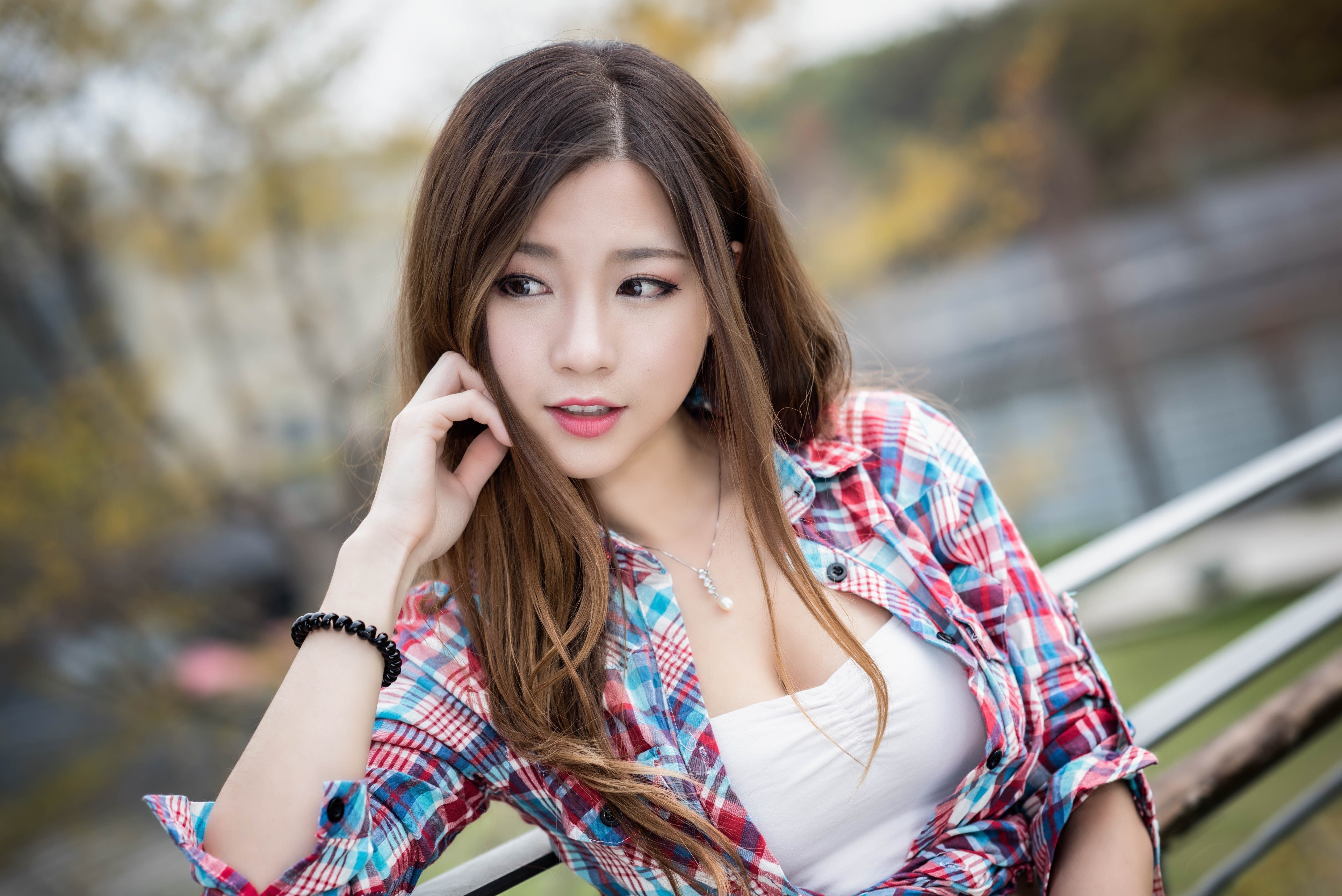 4K Asian Woman in Plaid Shirt with Bokeh HD Wallpaper