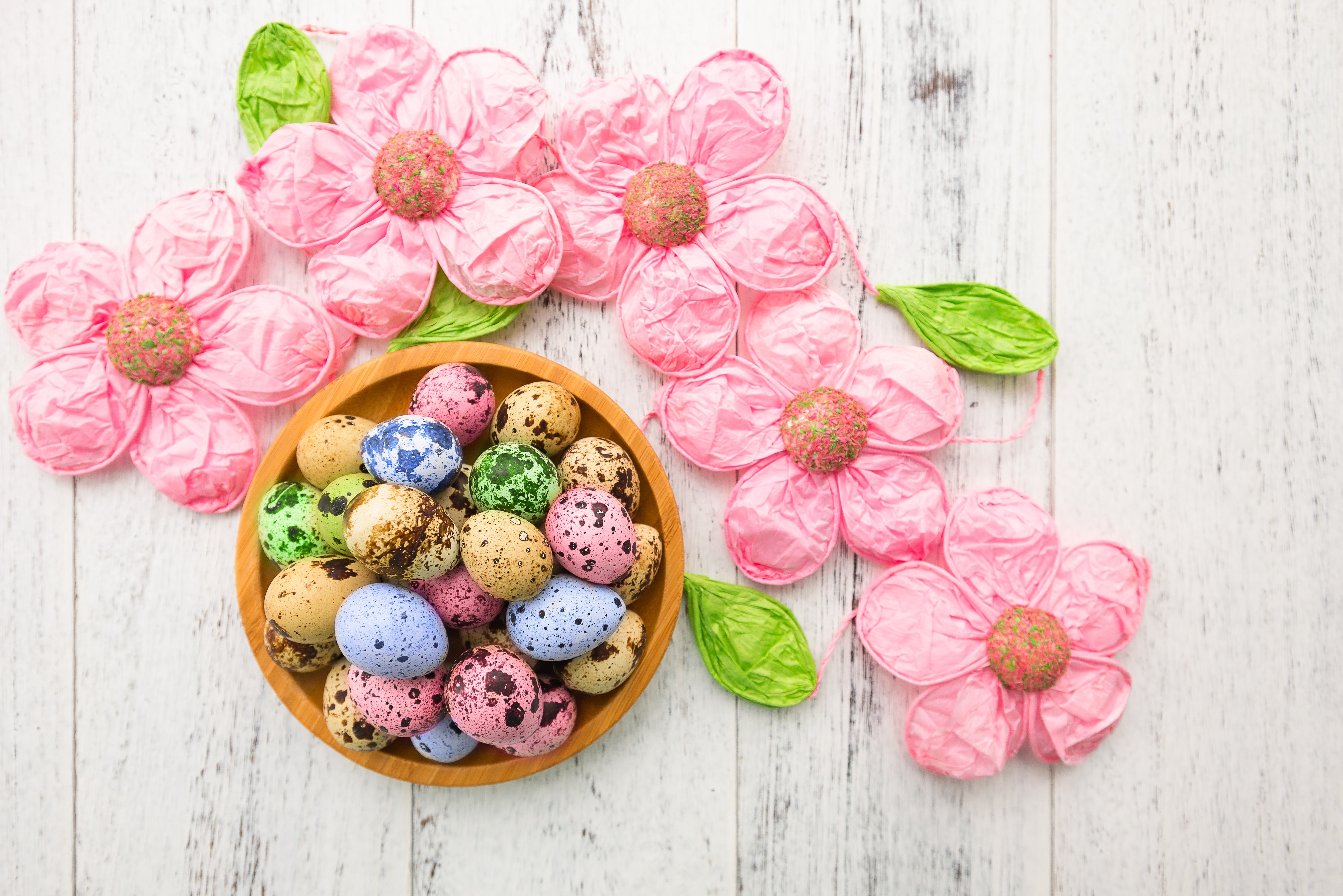 4K Easter Quail Eggs in Wooden Bowl with Pink Flowers HD Wallpaper
