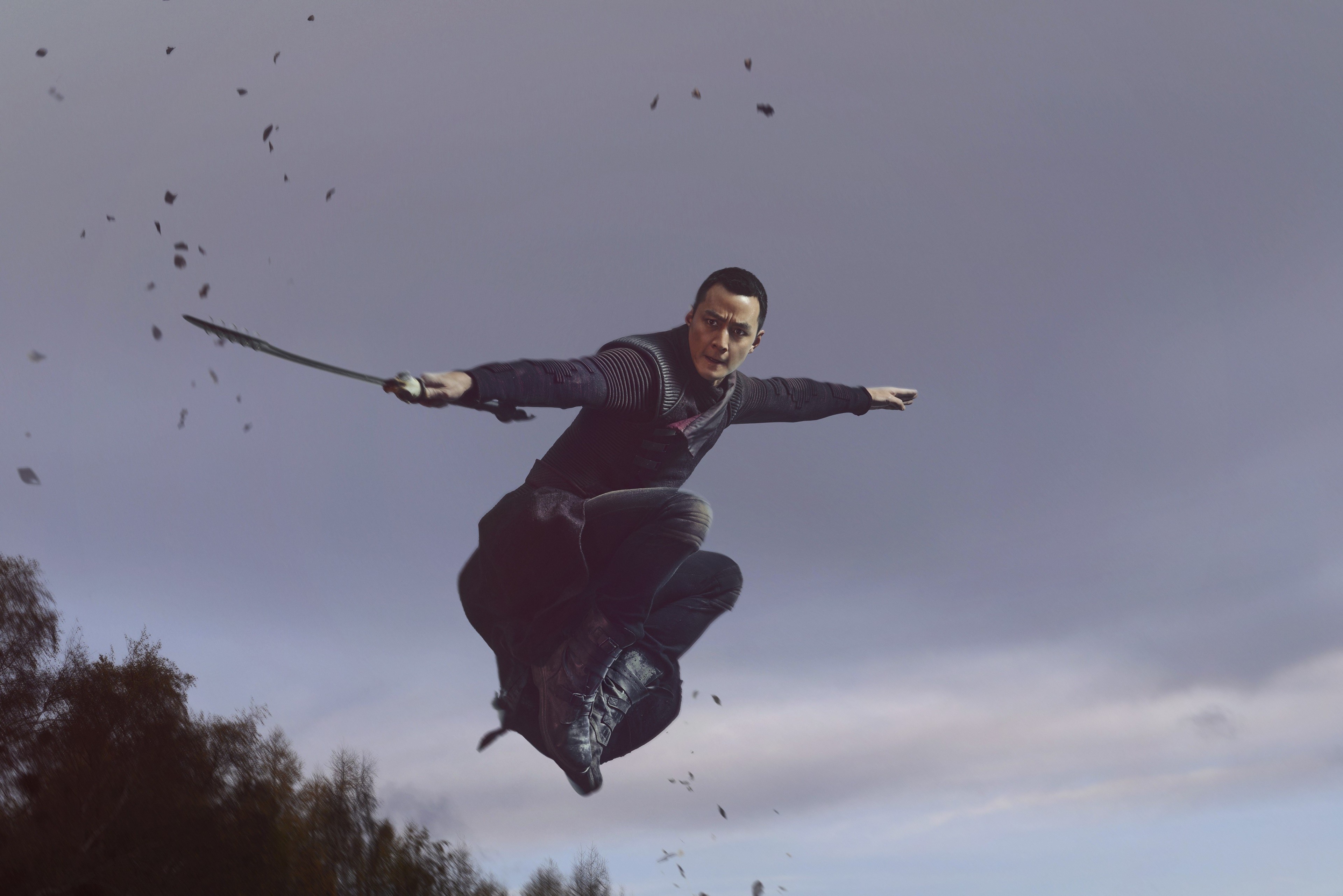 Daniel Wu from Into the Badlands jumping with a sword HD Wallpaper
