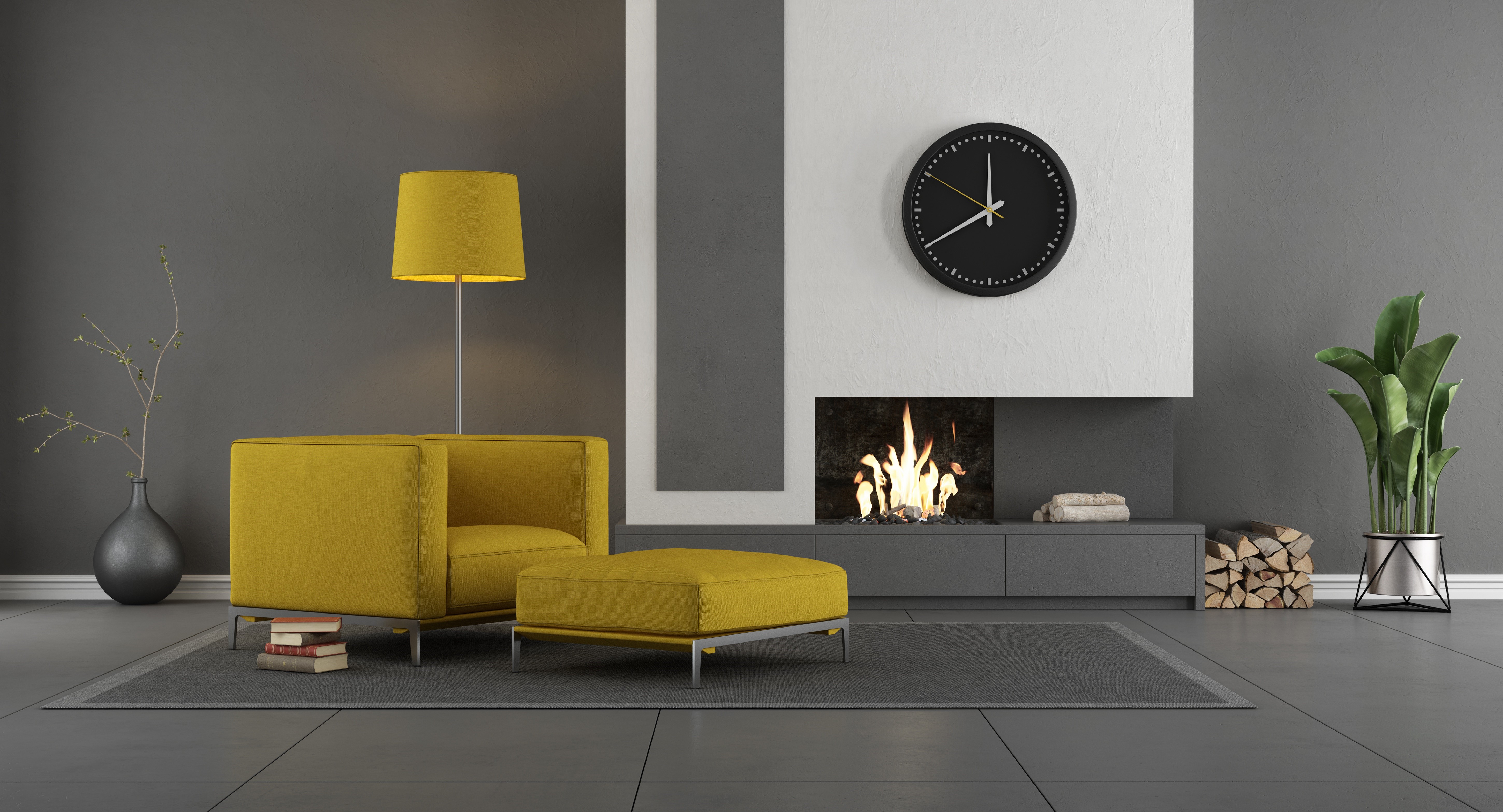 Modern living room with yellow armchair and fireplace HD Wallpaper
