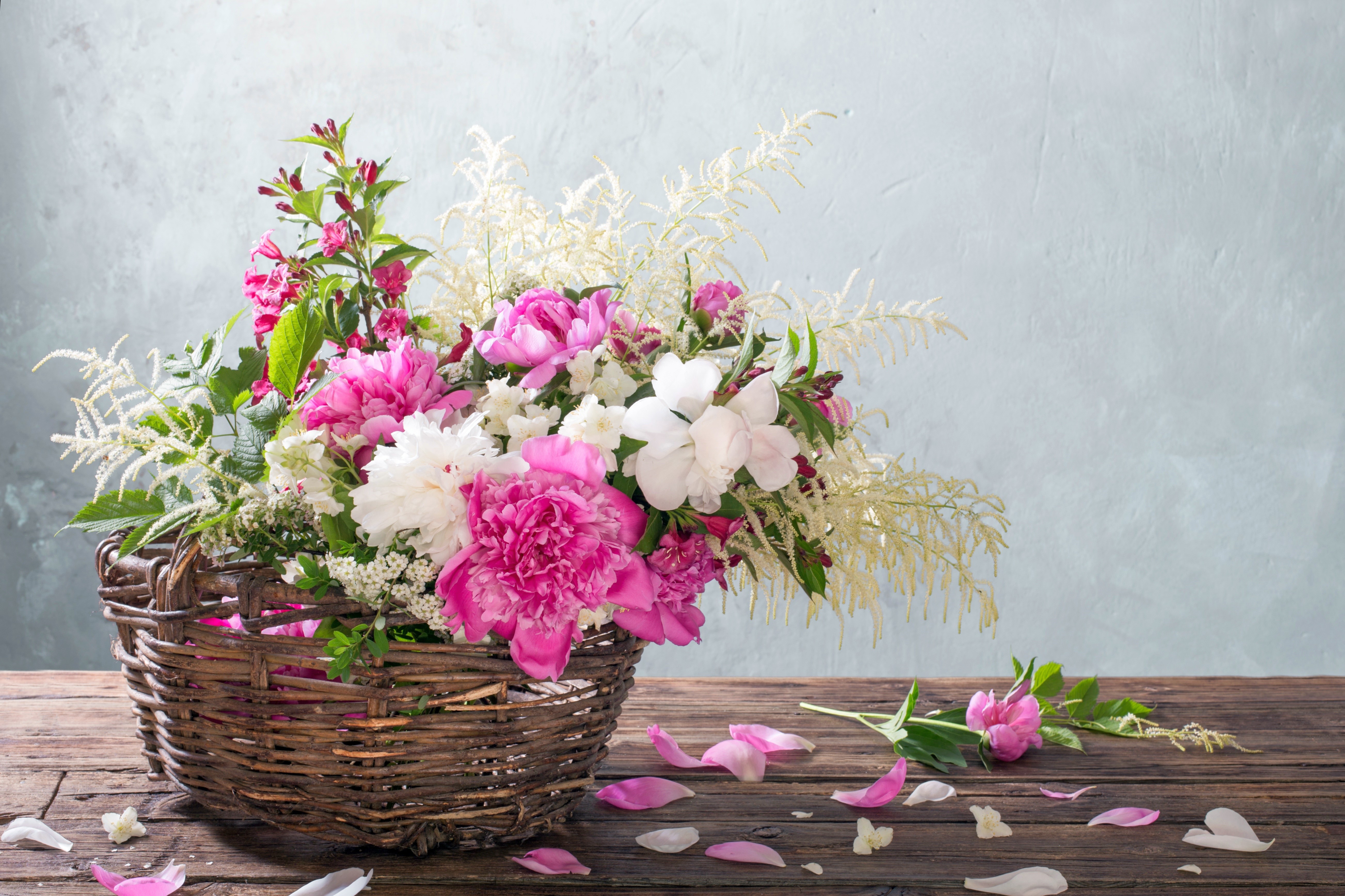 Peonies in a Wicker Basket on a Table HD Wallpaper