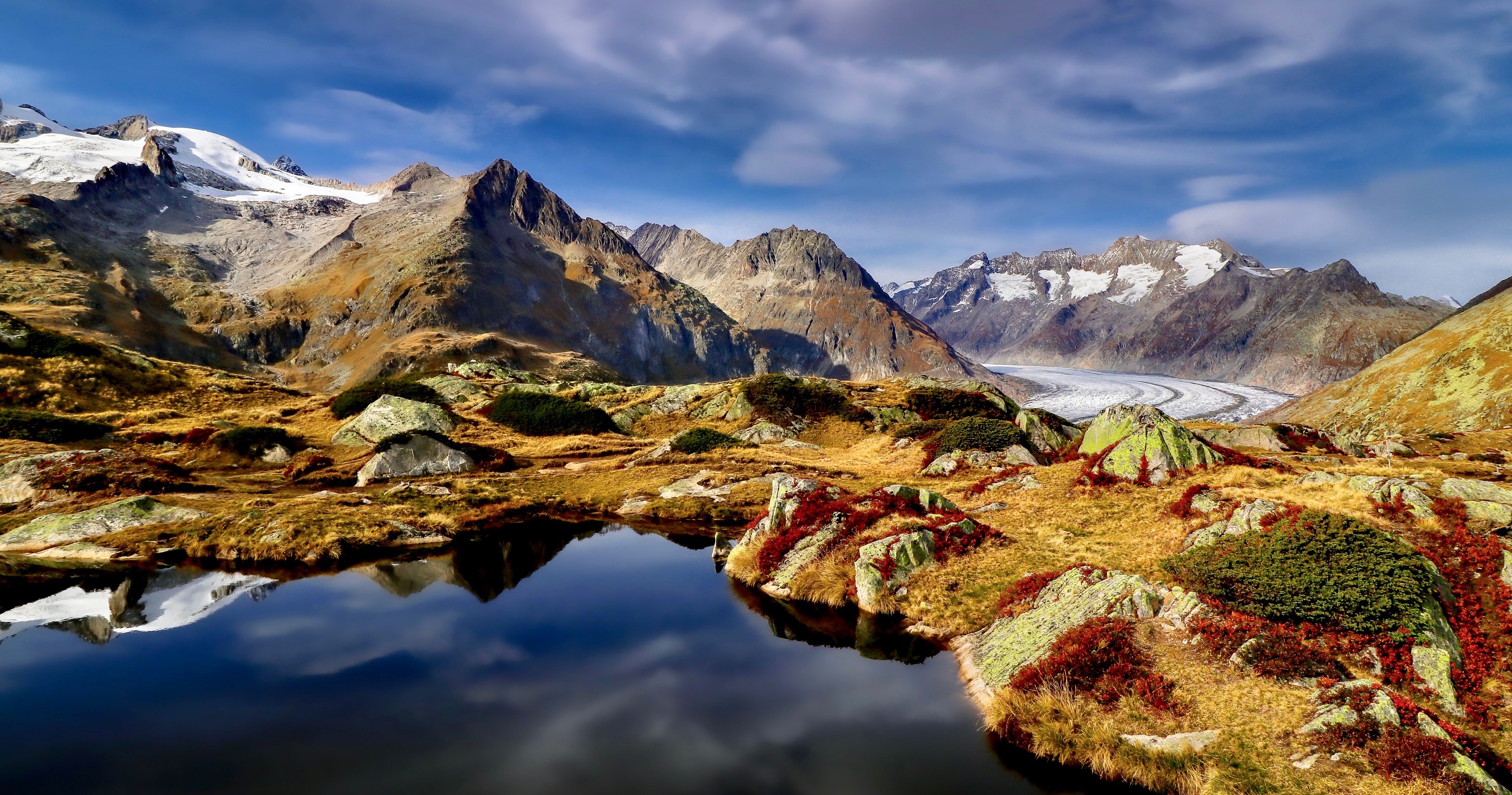 4K Aletsch Glacier Switzerland Mountains Lake Stones Clouds Alps HD Wallpaper