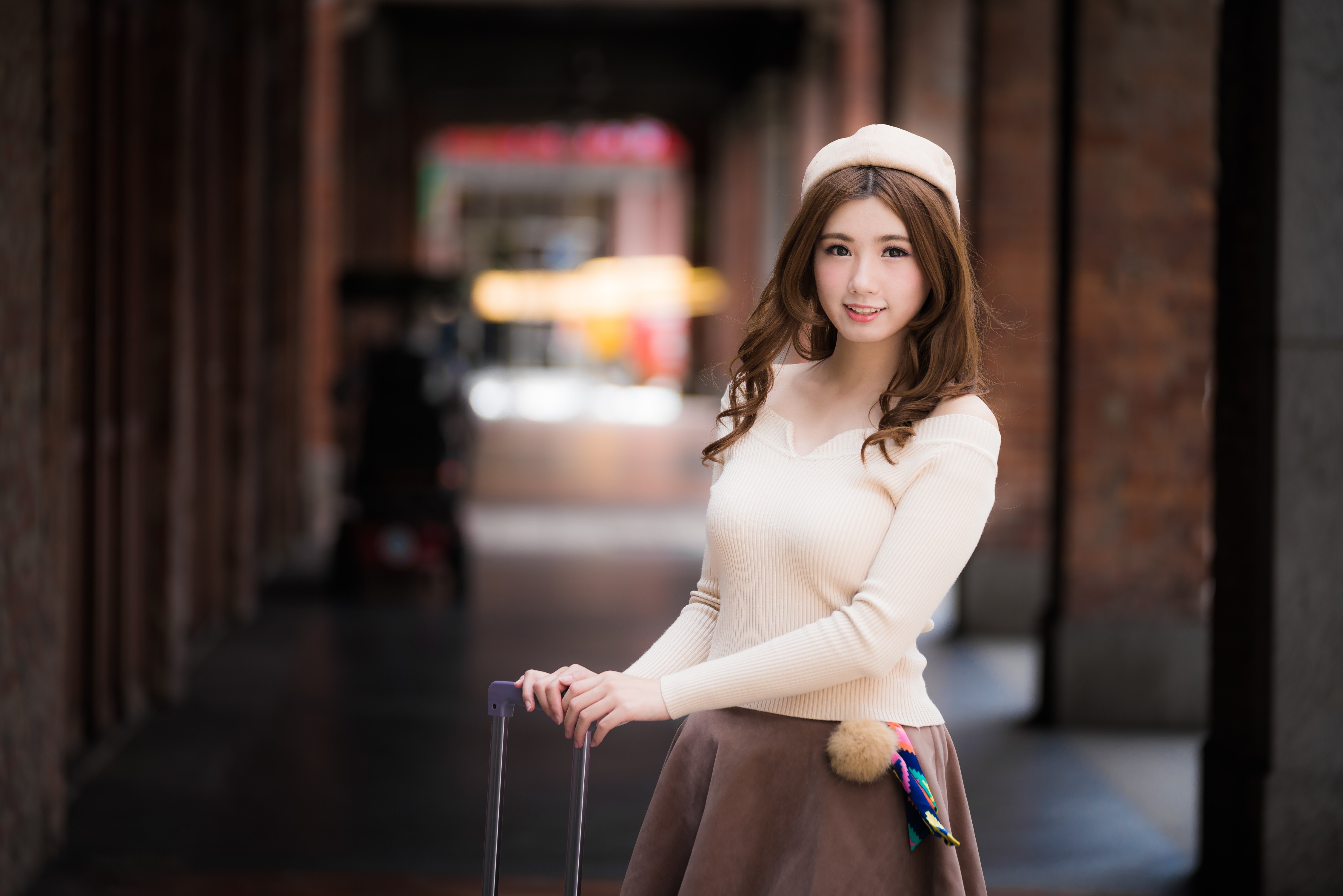 Asian woman with brown hair wearing a beret and sweater HD Wallpaper