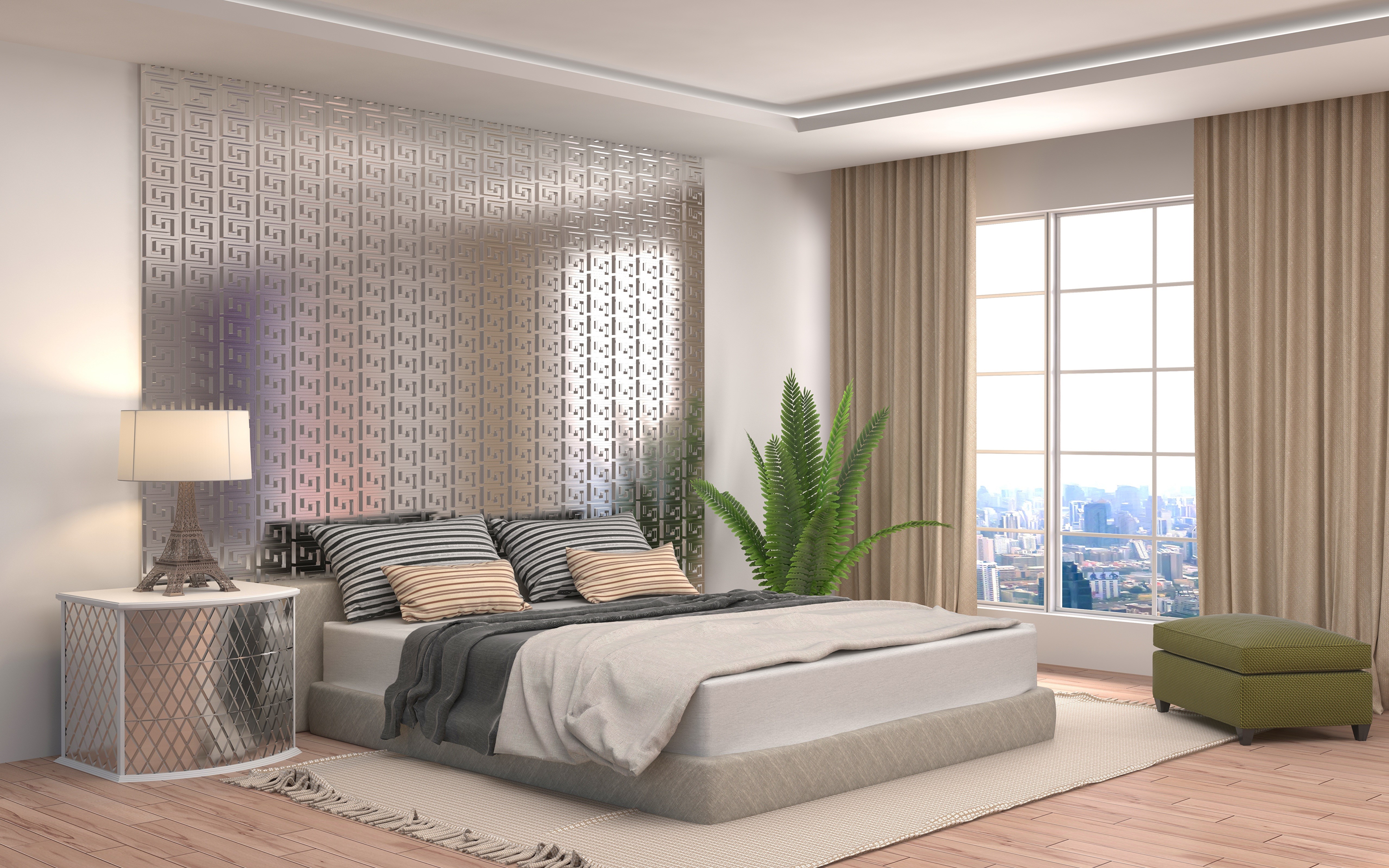 Modern Bedroom Interior with Bed, Pillows, and Lamp HD Wallpaper