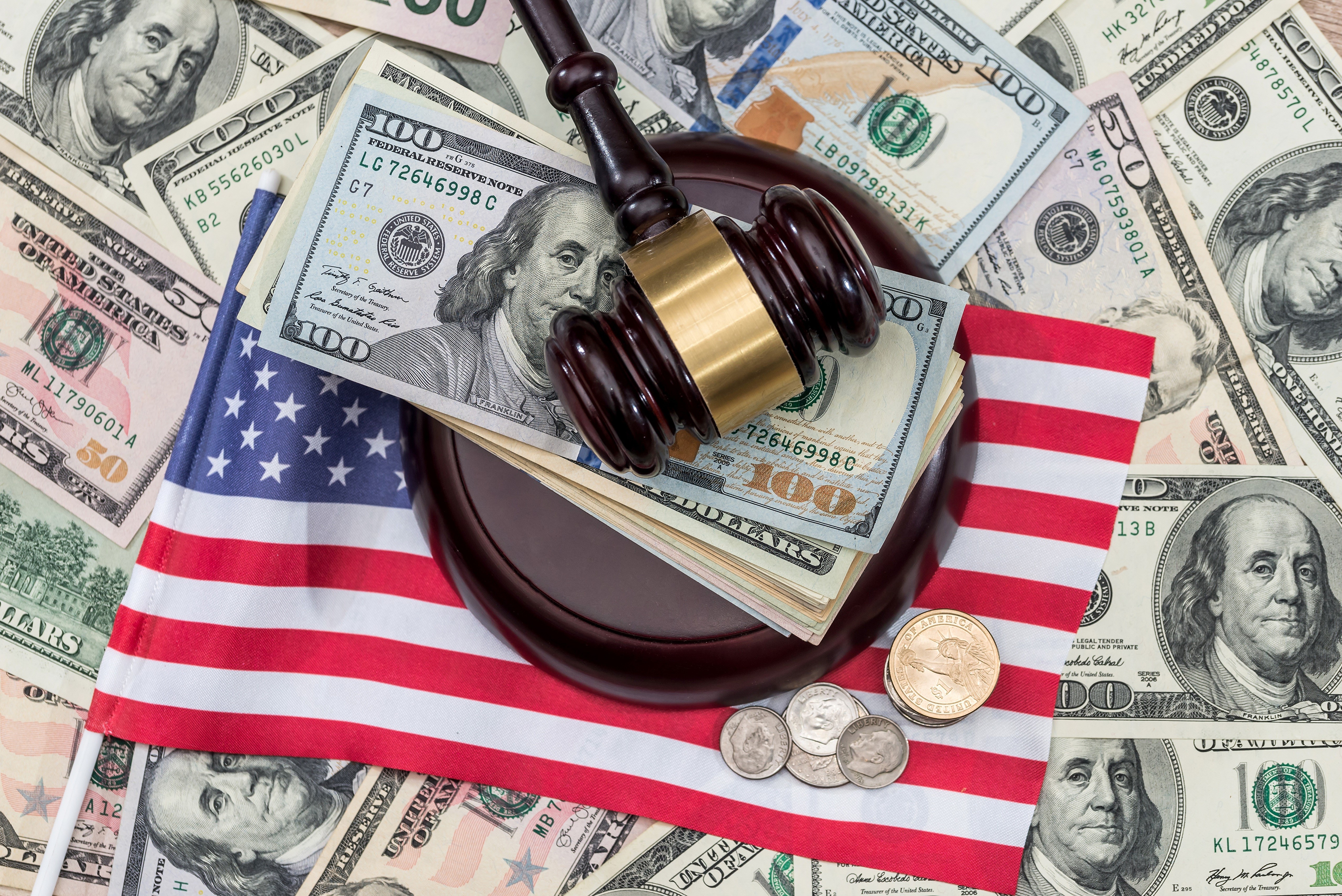 Gavel on American Flag and US Dollar Bills HD Wallpaper
