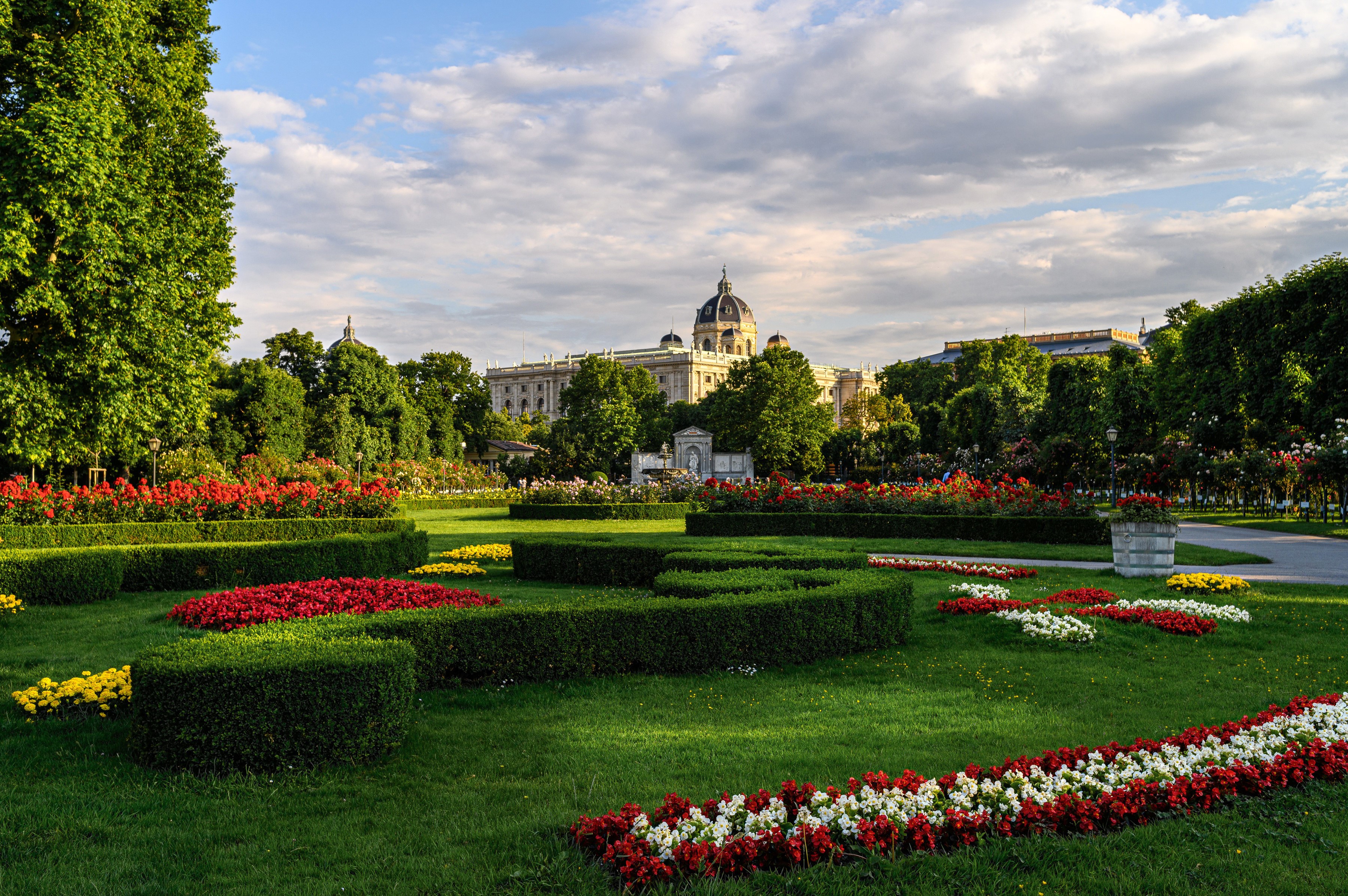 Formal Garden with Building in Vienna, Austria HD Wallpaper