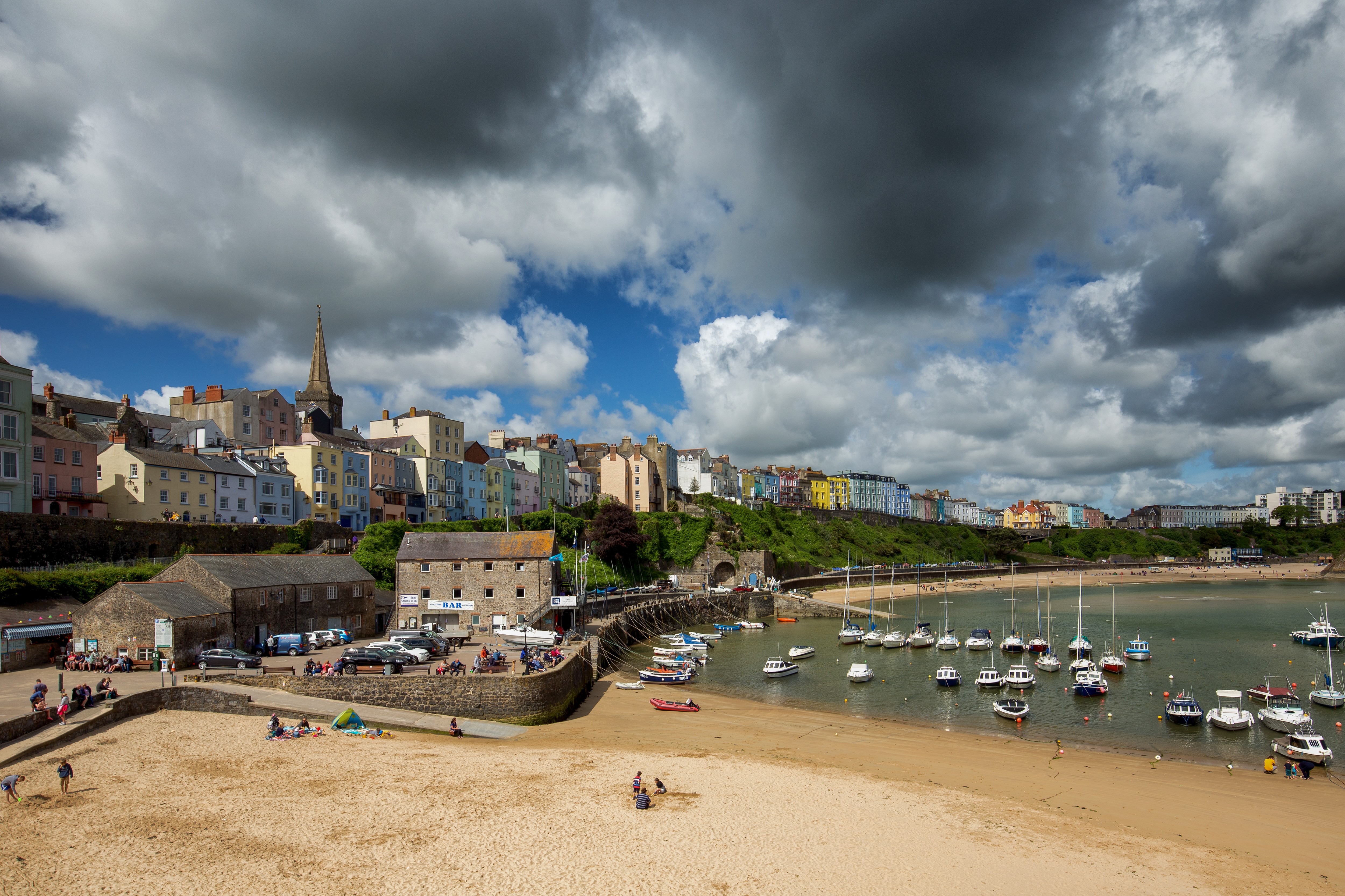 Tenby Harbor in Wales, United Kingdom with Boats and Houses HD Wallpaper